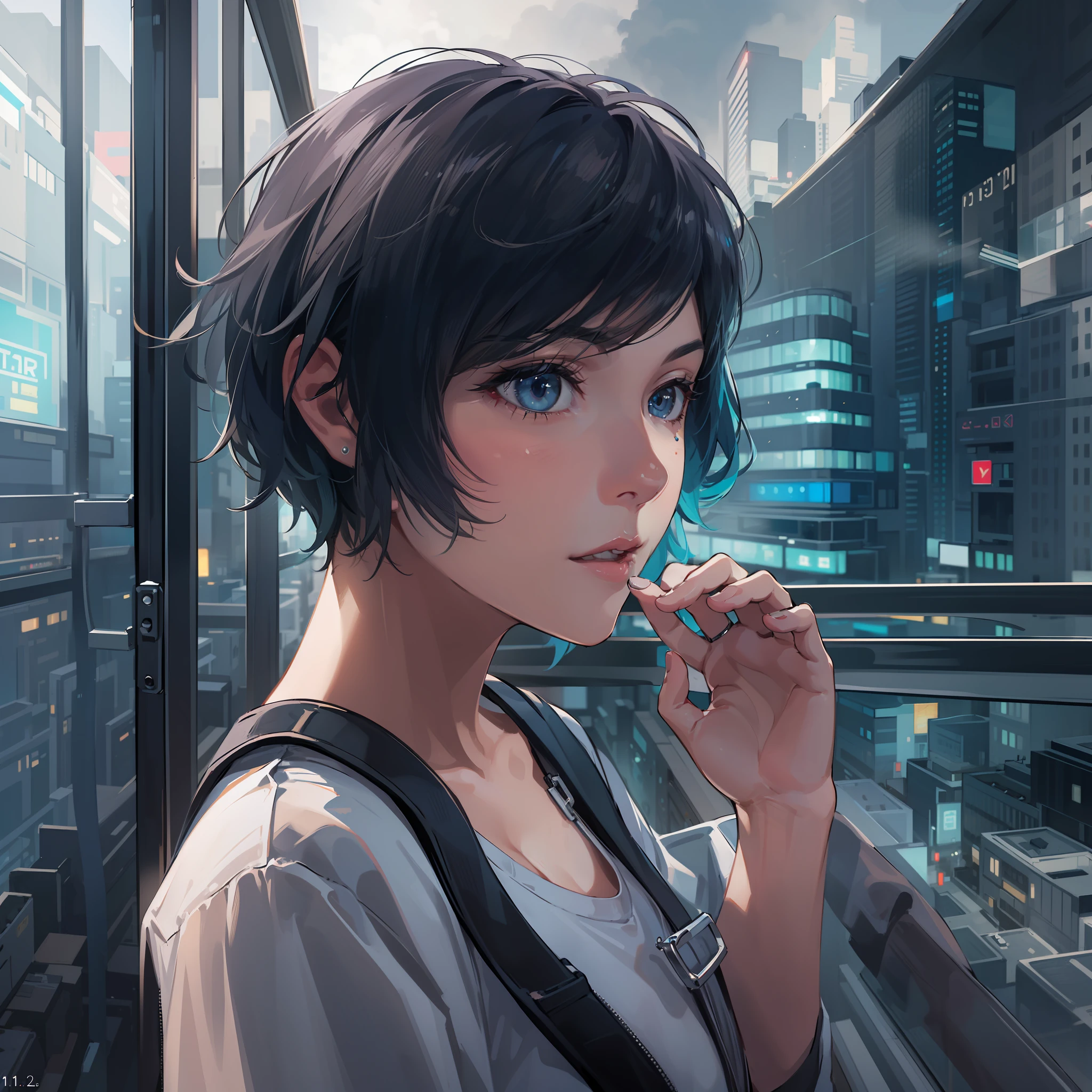 cyberpunked,Cyber City,Hi-Tech,High-tech townscape,Blowing in the wind,Relaxing girl,Shorthair,My room:1.1,Glass room,(8K), (Raw photo: 1.2), (Realism: 1.4), (masutepiece: 1.3), (exquisite detailing: 1.2), Delicate and beautiful details, (Eye Detail), (Facial Detailed), (Highest Quality) :1.4), (Hyper-Resolution: 1.2), cinematric light, (very detailed illustration),Best Quality,depth of fields, Wide light, natural shadows