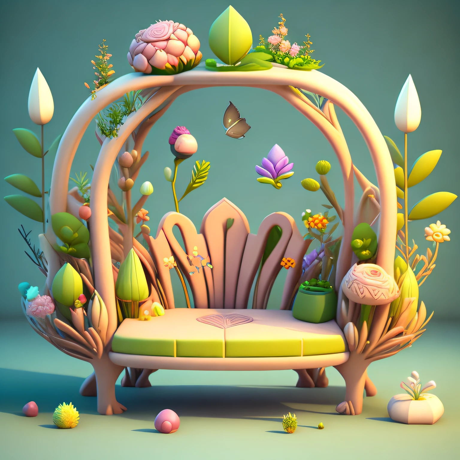 Low Ploy cartoon style furniture, Furniture made of flowers and plants,Low-model plant furniture, Magical elements, mobile game, forest and plants, a touch of magical elements, Low mode,low ploy