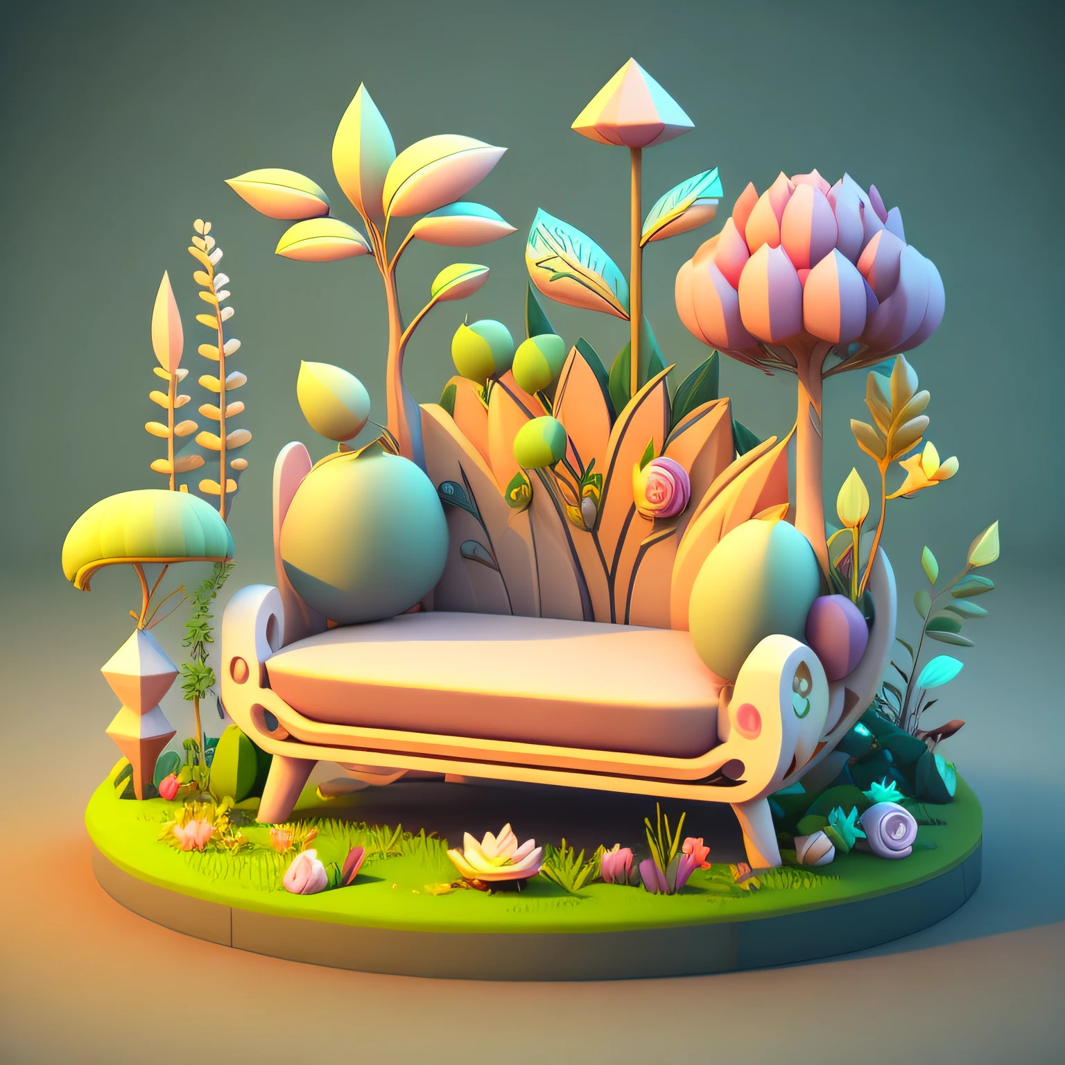 Low Ploy cartoon style furniture, Furniture made of flowers and plants,Low-model plant furniture, Magical elements, mobile game, forest and plants, a touch of magical elements, Low mode,low ploy