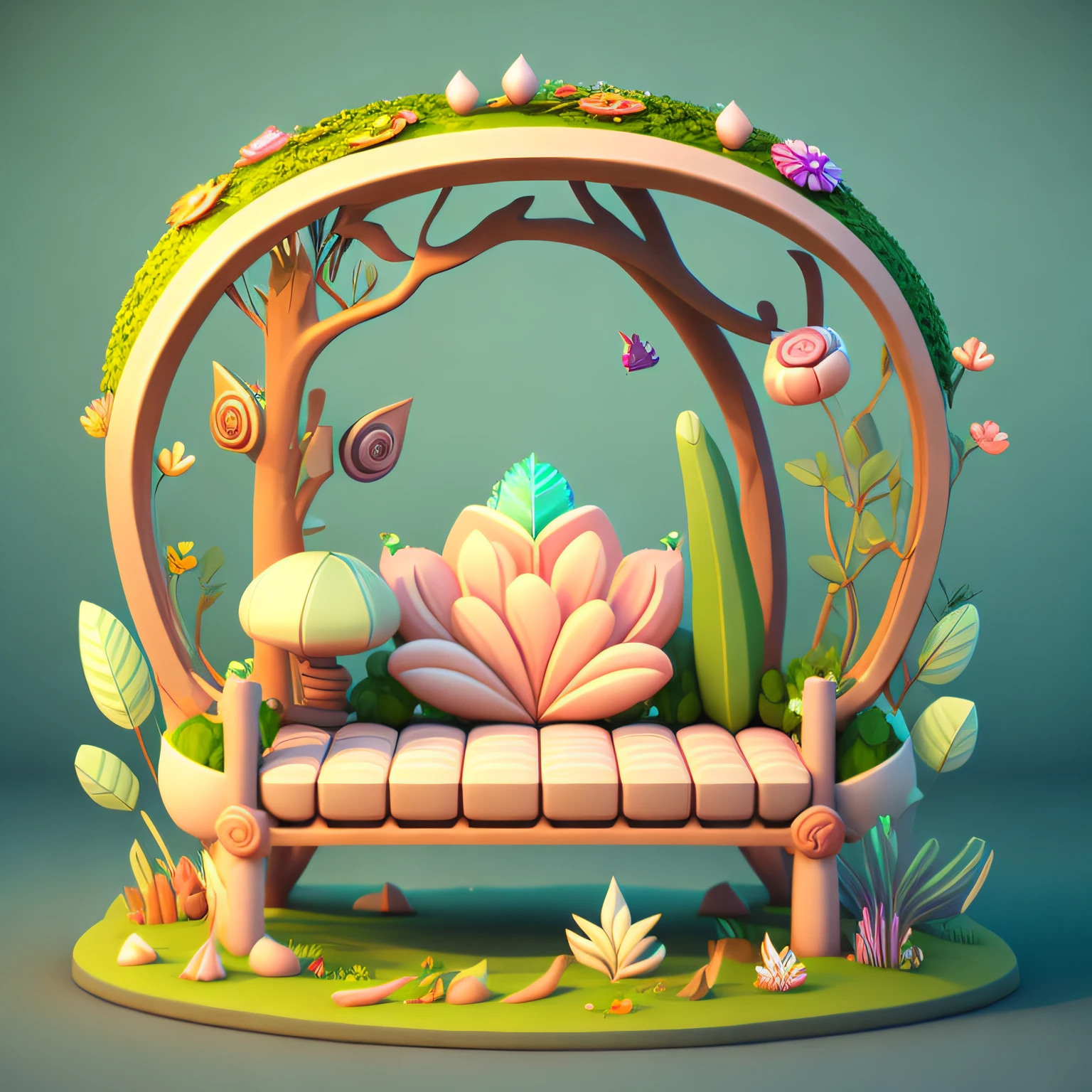 Low Ploy cartoon style furniture, Furniture made of flowers and plants,Low-model plant furniture， Magical elements, mobile game, forest and plants, a touch of magical elements, Low mode，low ploy