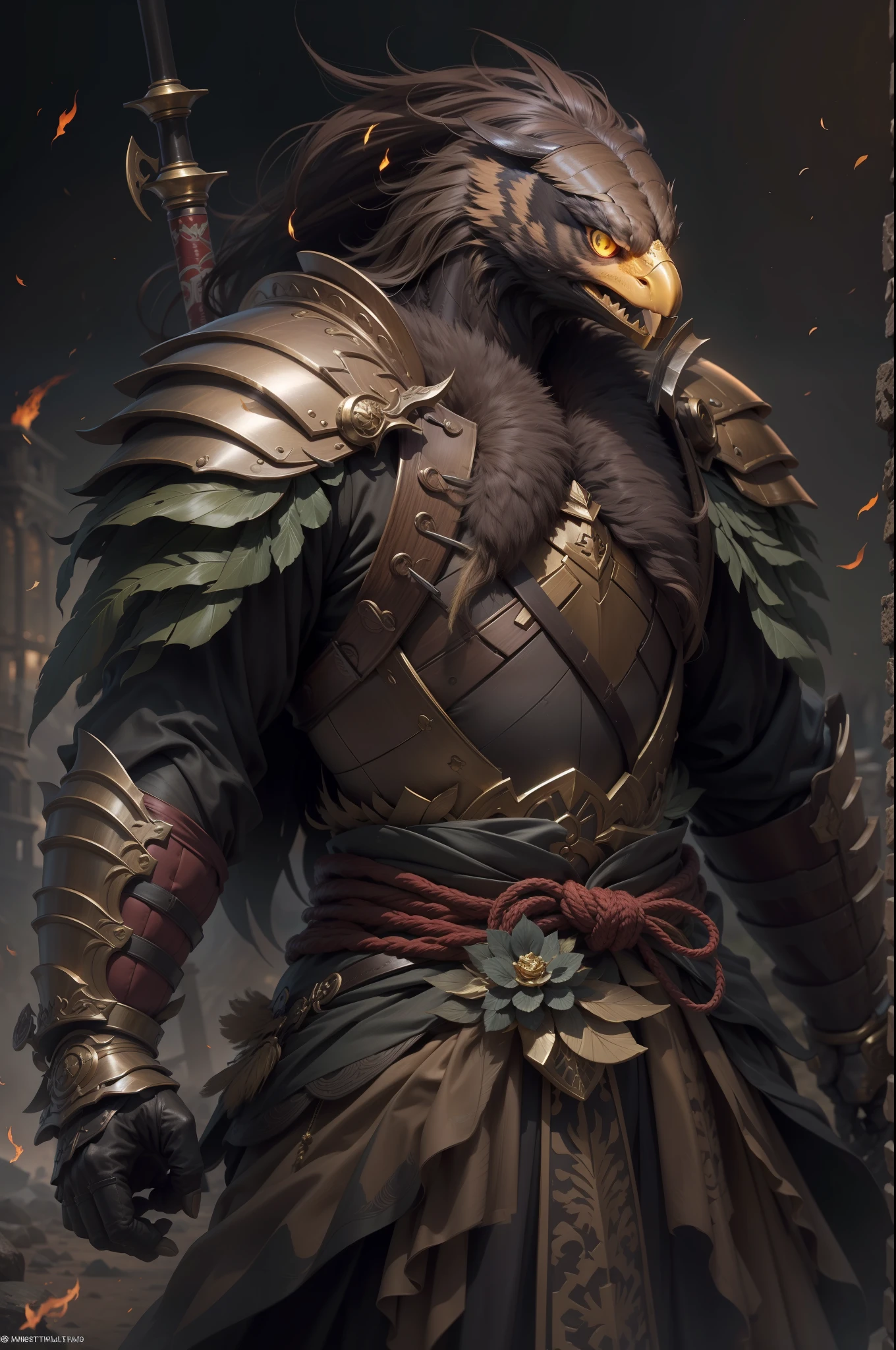 （anthropomorphic turtle），（Golden Eagle Samurai：1.4），longspear，a tall body，Stout limbs，Huge wings，There are a lot of feathers，Look at me condescendingly，disdain，despise，tosen，Fierce eyes，terroral，（（closeup cleavage，facial closeups，Close-up strengthened）），The long hairs of the flame fluttered in the wind，combats，Dynamic lines，Dimly lit battlefield，Ruined castle，（stereoscopic perspective：1.4），Works of masters，super-fine，4K分辨率，high qulity，电影灯光，High picture detail，Detailed pubic hair，Epic shooting，Clearly focused hair，Detailed hair depiction，acurate