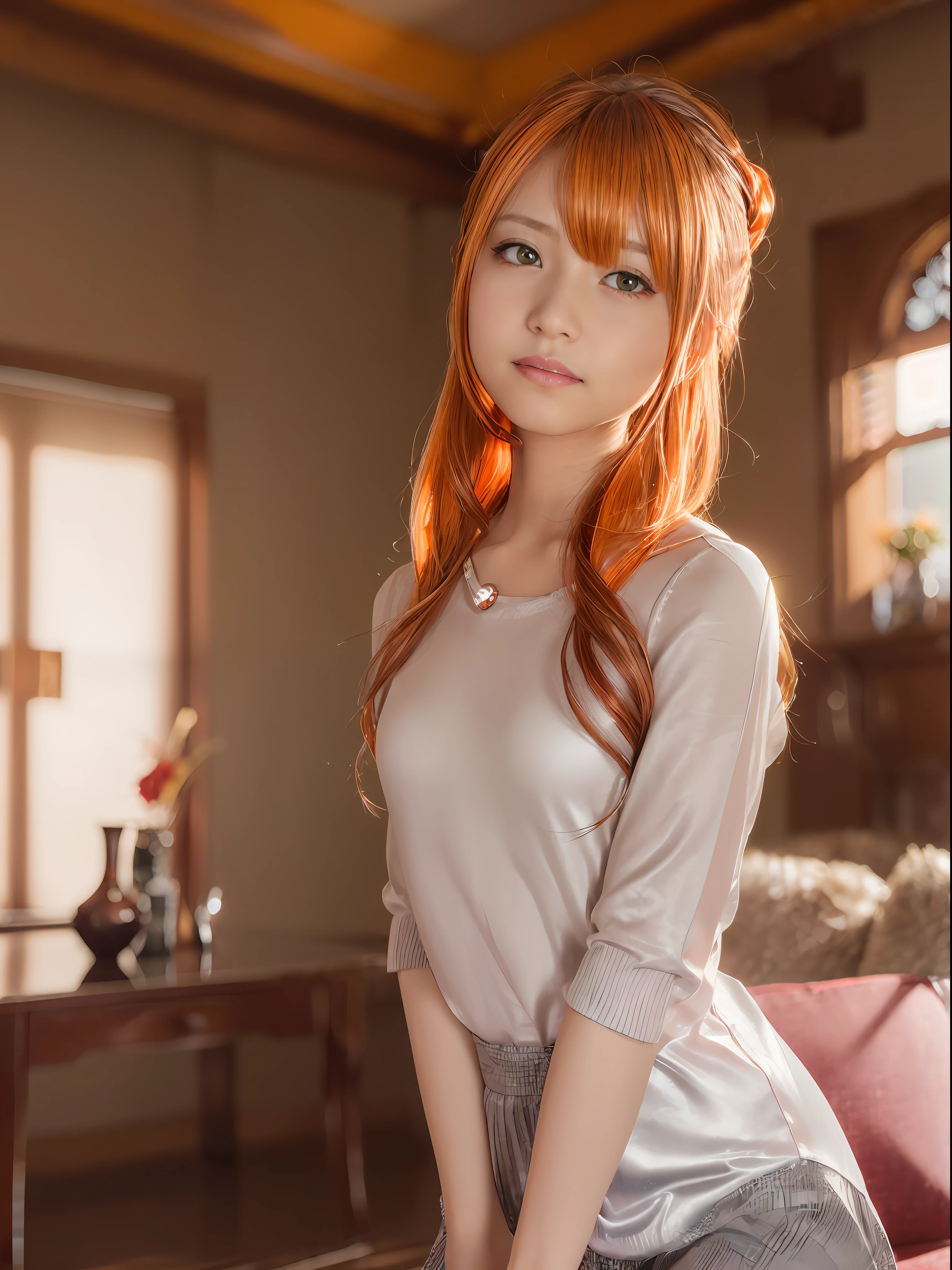Amber eyes, blush, bloom, Cinematic lighting, god rays, Ray tracing, close-up, masutepiece, Super Detail,)) ((1girl in, Genshin, GenshinImpact, klee, Red Eyes, Orange Eyes, Silver hair, Lori, Flat,)) ((casual, livingroom,) Happy smile Looking at the camera、Hairstyle is ponytail