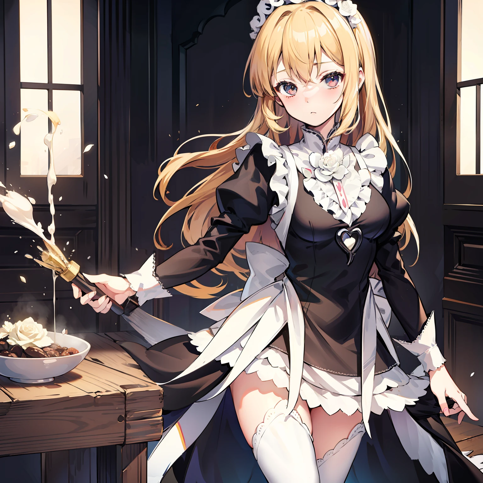 Illustration of Marisa drizzle wearing a maid costume, masutepiece, Fine details, 4K, 8K, 12K, Solo, One Person, Beautiful Girl, caucasian female, M-shaped legs、a blond、Black Maid Outfit、lots of ruffles、Rose flower、in a house