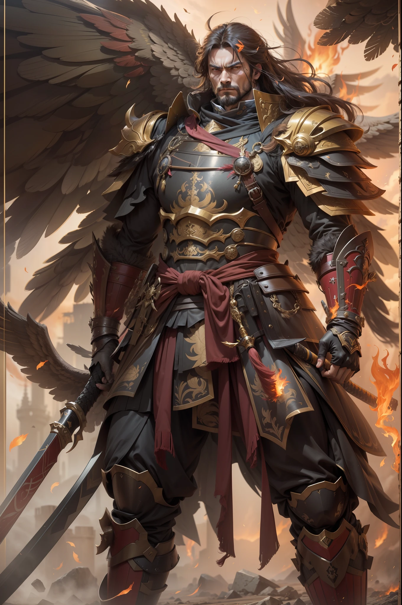 （anthropomorphic turtle），（Golden Eagle Samurai：1.4），longspear，a tall body，Stout limbs，Huge wings，There are a lot of feathers，Look at me condescendingly，disdain，despise，tosen，Fierce eyes，terroral，（（closeup cleavage，facial closeups，Close-up strengthened）），The long hairs of the flame fluttered in the wind，combats，Dynamic lines，Dimly lit battlefield，Ruined castle，（stereoscopic perspective：1.4），Works of masters，super-fine，4K分辨率，high qulity，电影灯光，High picture detail，Detailed pubic hair，Epic shooting，Clearly focused hair，Detailed hair depiction，acurate