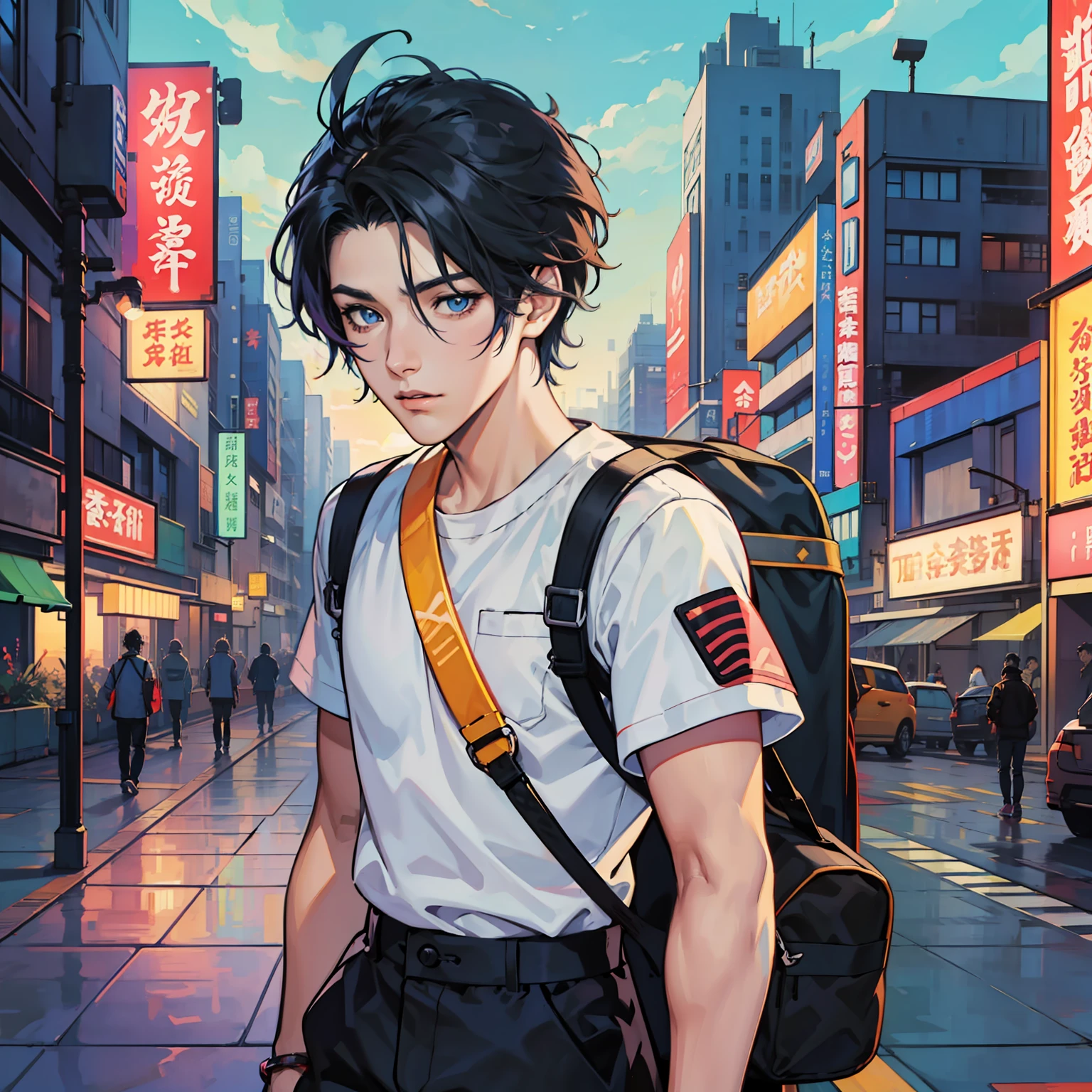 Anime boy calls to talk, ig studios anime style, nightcore, style of anime4 K, High quality anime art style, Anime boy, young anime man, Anime art style, Digital anime illustration, Anime style. 8K, in an anime style, male anime character, Kawasi，best qualtiy：1.0），（超高分辨率：1.0），Anime boys，with short black hair，blue color eyes，On the university campus，Teaching buildings，Faraway view