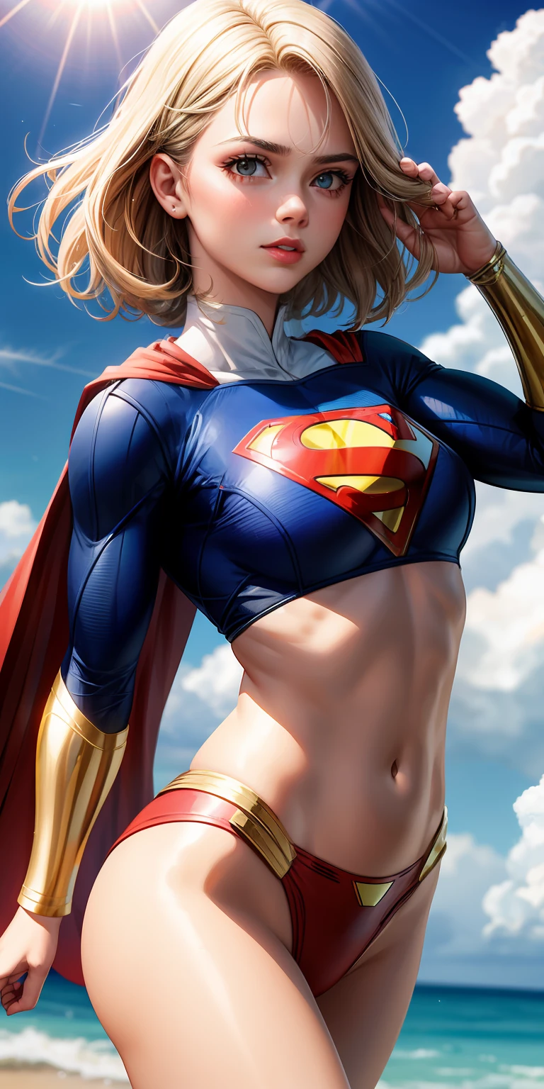 realista，1girl，cabelos brancos，olho roxo，olhos claros brilhantes，，Split lip，raios de sol，O mar，Uniforme do Superman，Supergirl，suspenso no ar，Seios grandes exagerados，pernas bonitas，salto alto，with blue sky and white clouds，O mar，Navio de guerra Vista，Leering，sem cueca，revelando seios，dedos de camelo，The lower part of the body is convex，The face is well lit