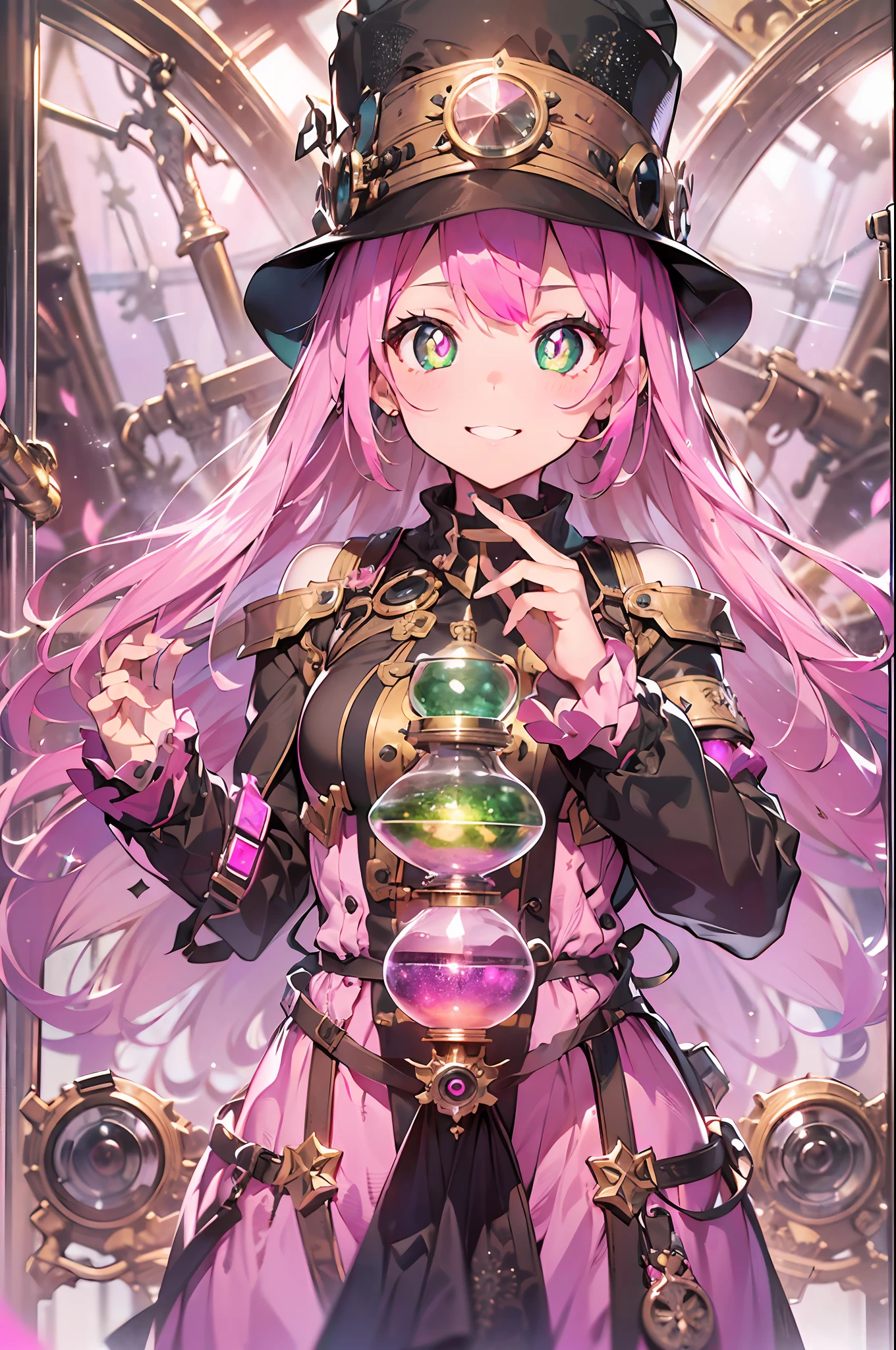 gear:2.Steam engines:2.fullllbody:2.Steampunk style:2.hour glass、gear:2、((masutepiece))),((ultra-detailliert,Best Quality, hight resolution)), (1 girl)((Pink hair, Long hair,Straight hair,two side up)) (Green eyes),eyeshadows, eye line,gloweyes, ultradetailed eyes, intricate eyes, Beautiful eyes, ((Glowing pink pupils))18-year-old girl、frilld.Smile .Hourglass background、Big hourglass.((High contrast RGB effect, LED effect, Kaleidoscope effect, Shining Effect, Ripple Effect, Glitter RGB effect)) A smile