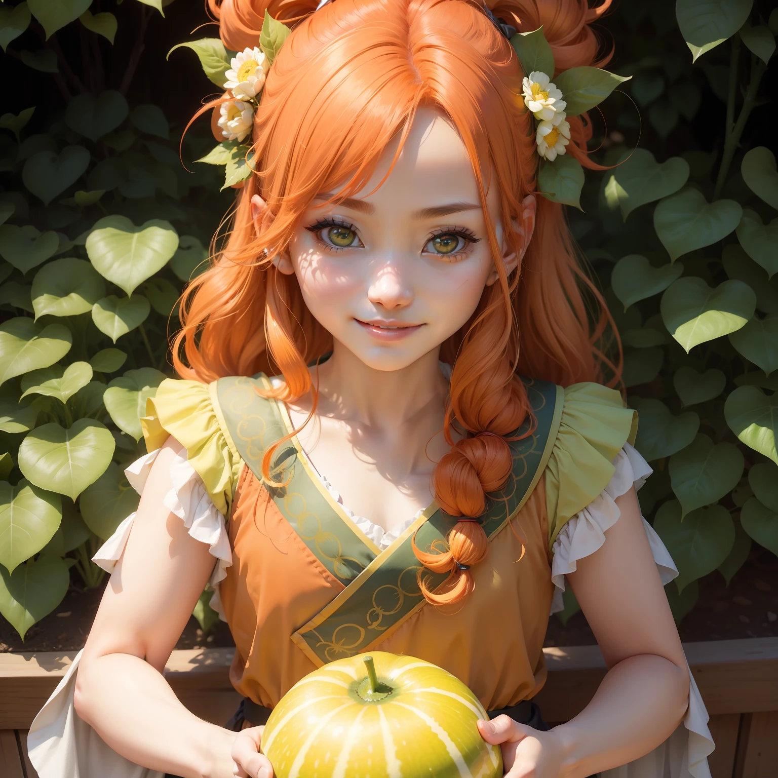 Her hair is orange、Hair ornaments are accompanied by small green leaves。Her eyes shine with bright colors,、Please express yourself in a way that conveys that you are having a good time with a smile。pure、Please also draw other vegetables and fruits enjoying the ball around you.。