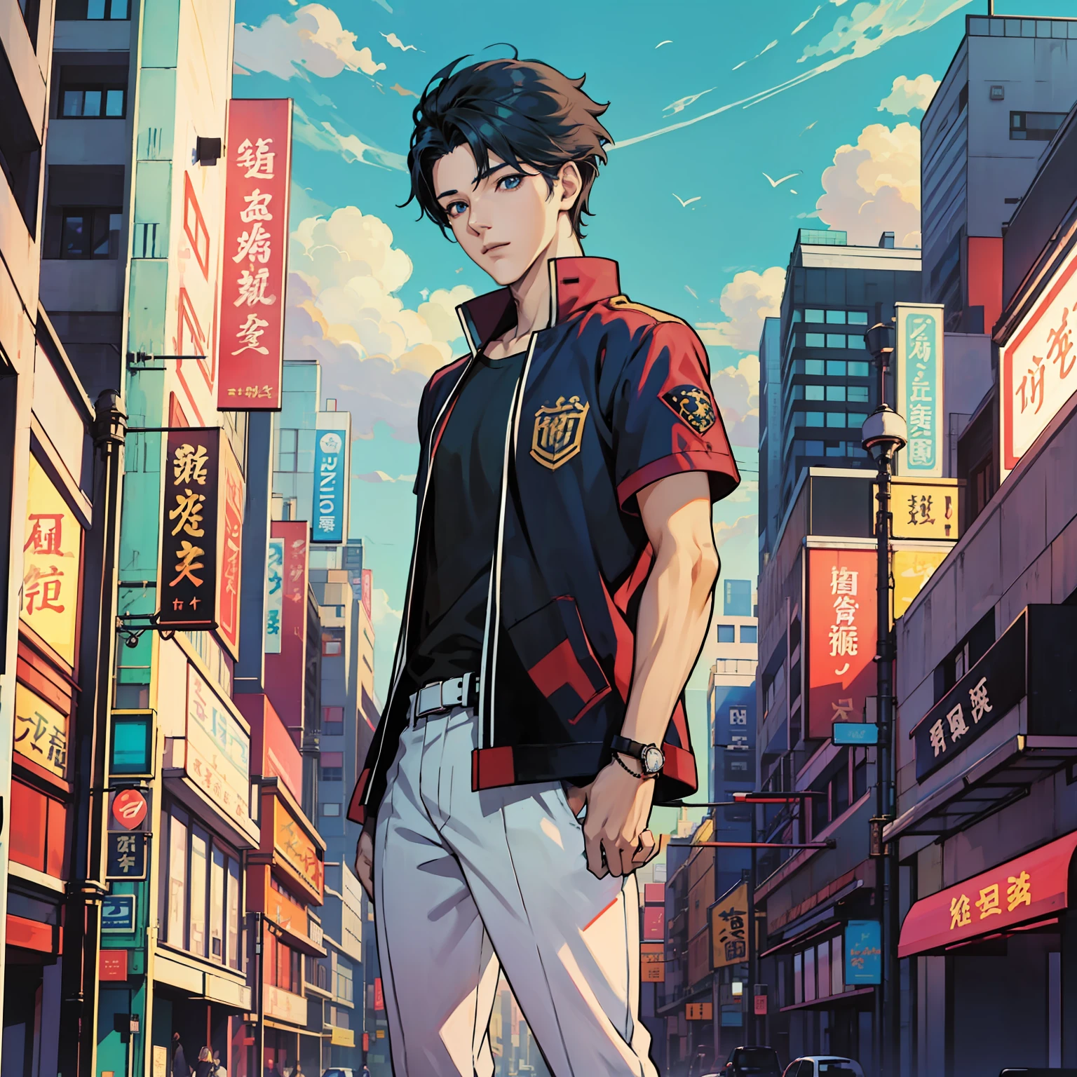 Anime boy calls to talk, ig studios anime style, nightcore, style of anime4 K, High quality anime art style, Anime boy, young anime man, Anime art style, Digital anime illustration, Anime style. 8K, in an anime style, male anime character, Kawasi,best qualtiy:1.0),(超高分辨率:1.0),Anime boys,with short black hair,blue color eyes,On the university campus,Teaching buildings,Faraway view