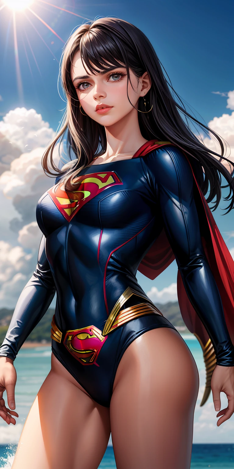 realista,1girl,cabelos brancos,olho roxo,olhos claros brilhantes,,Split lip,raios de sol,o mar,uniforme do superman,Supergirl,suspenso no ar,Seios grandes exagerados,pernas bonitas,salto em altura,with blue sky and white clouds,o mar,Navio de guerra Vista,Leering,sem cueca,revelando seios,Dedos de camelo,The lower part of the body is convex,The face is well lit