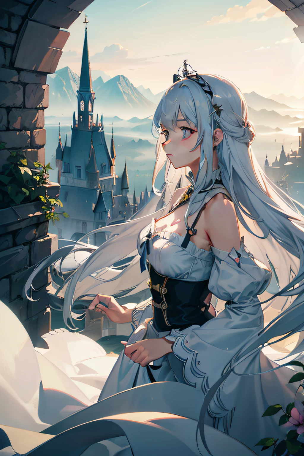 (extremely detailed CG unity 8k wallpaper),(((masterpiece))), (((best quality))), ((ultra-detailed)), (best illustration),(best shadow), ((an extremely delicate and beautiful)),dynamic angle,floating,
The detailed castle, (((the best building))),
mist encircles the mountains,fairyland,dynamic angle,classic,(detailed light),feather, nature, (sunlight), river, forest,flowers,beautiful and delicate water,(painting),(sketch),(bloom),(shine)