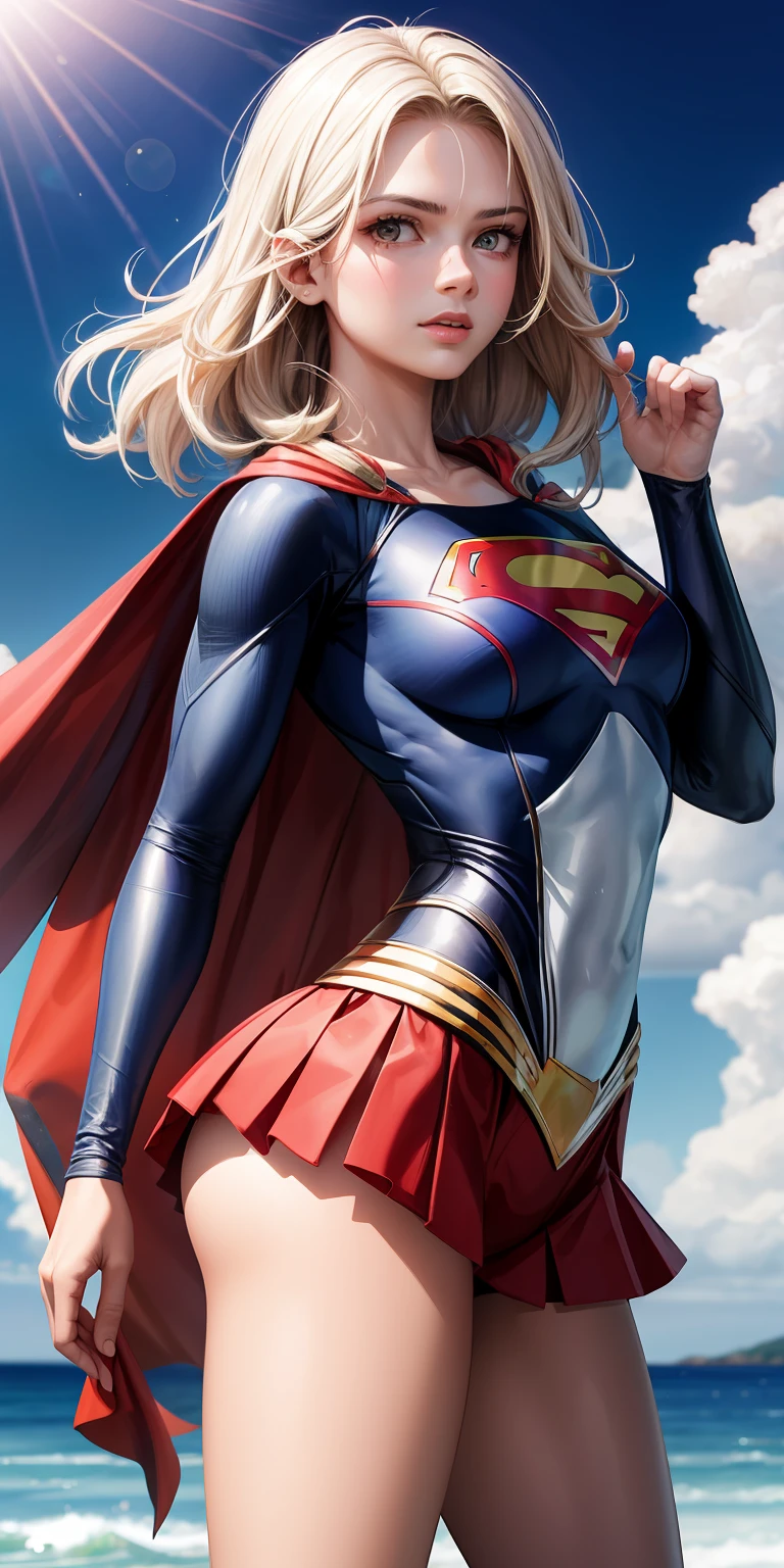 realista,1girl,cabelos brancos,olho roxo,olhos claros brilhantes,,Split lip,raios de sol,o mar,uniforme do superman,Supergirl,suspenso no ar,Seios grandes exagerados,pernas bonitas,salto em altura,with blue sky and white clouds,o mar,Navio de guerra Vista,Leering,sem cueca,revelando seios,Dedos de camelo,The lower part of the body is convex,The face is well lit