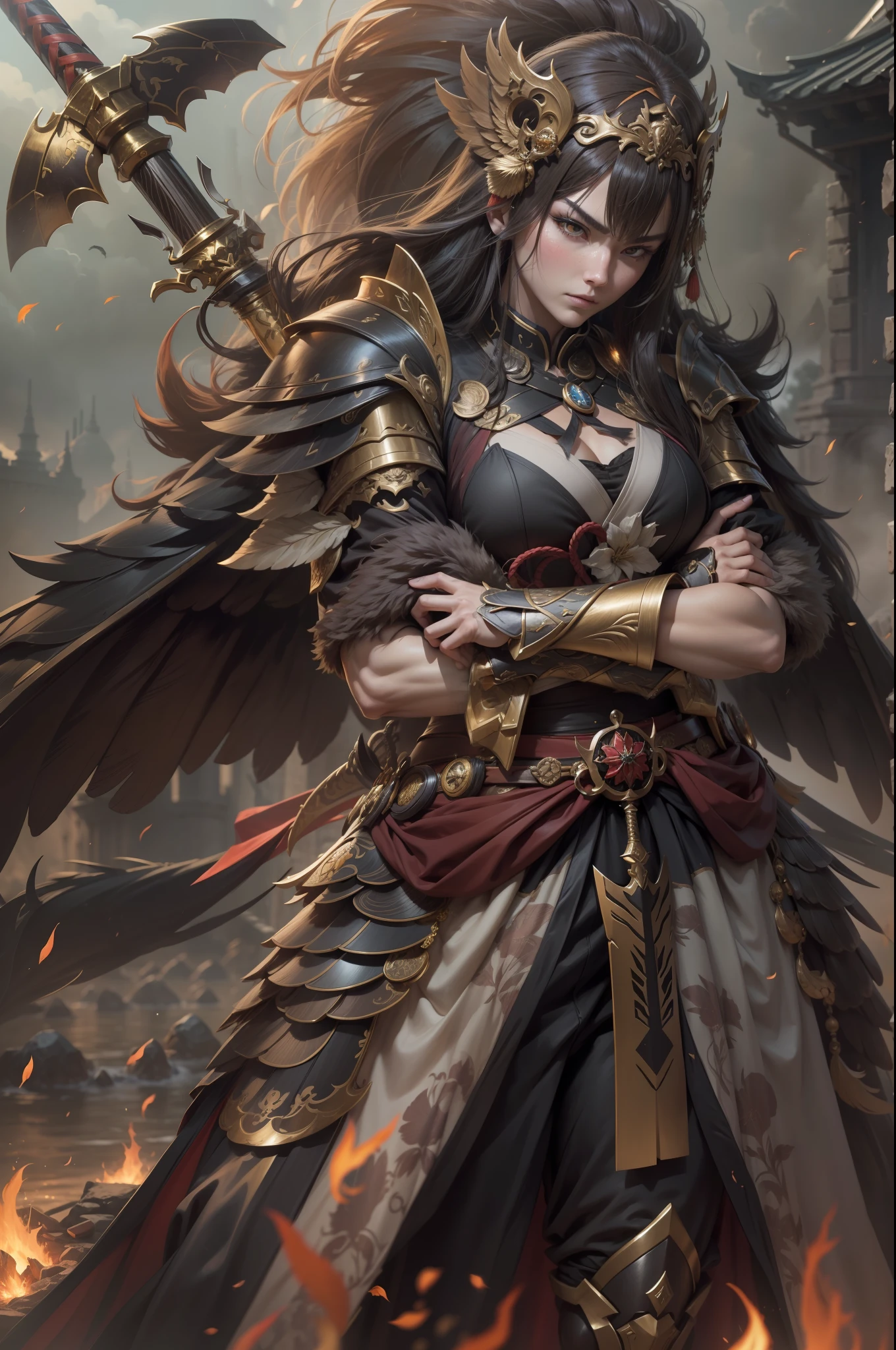 （anthropomorphic turtle），（Golden Eagle Samurai：1.4），longspear，a tall body，Stout limbs，Huge wings，There are a lot of feathers，Look at me condescendingly，disdain，despise，tosen，Fierce eyes，terroral，（（closeup cleavage，facial closeups，Close-up strengthened）），The long hairs of the flame fluttered in the wind，combats，Dynamic lines，Dimly lit battlefield，Ruined castle，（stereoscopic perspective：1.4），Works of masters，super-fine，4K分辨率，high qulity，电影灯光，High picture detail，Detailed pubic hair，Epic shooting，Clearly focused hair，Detailed hair depiction，acurate