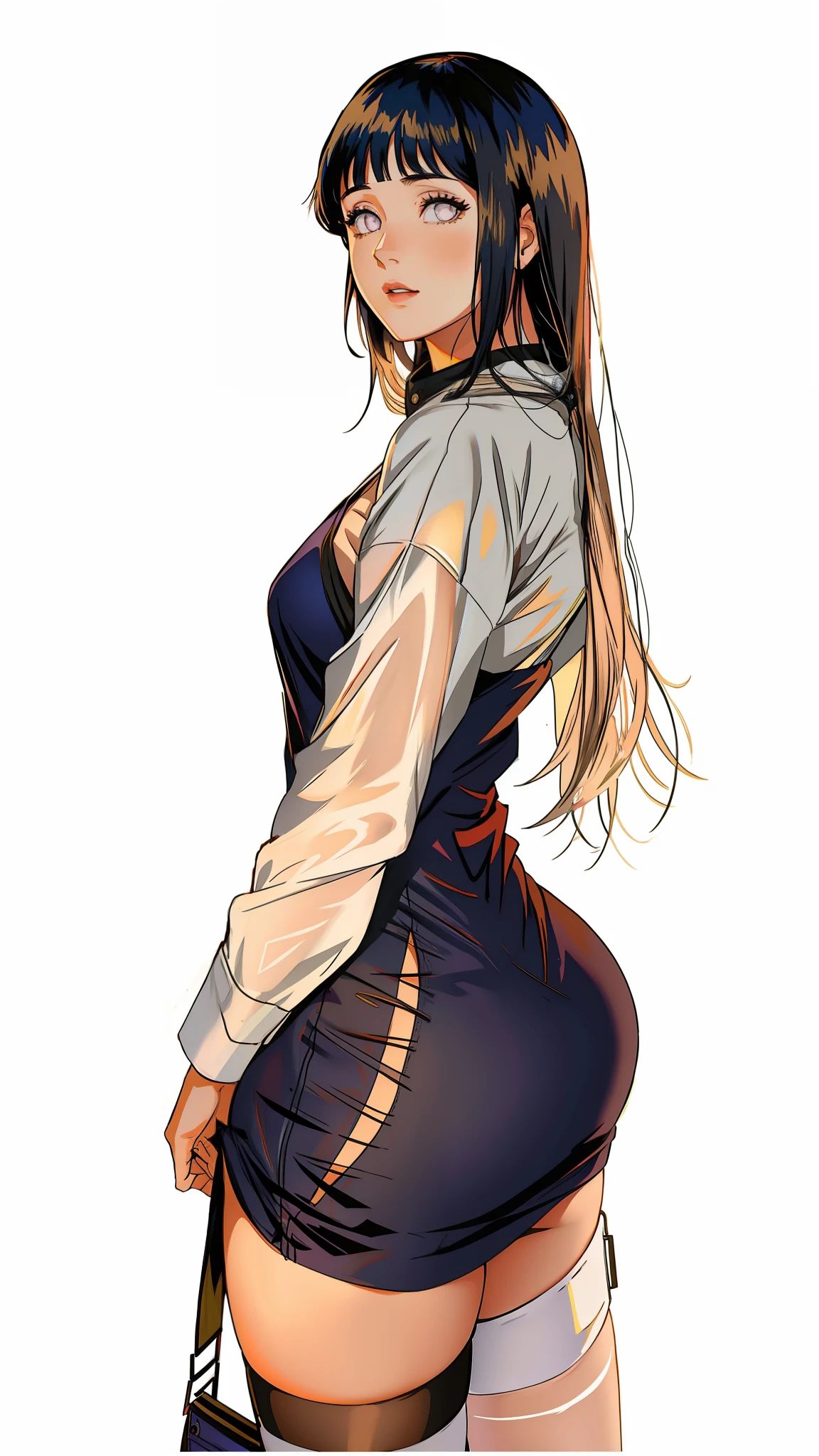 Hinata Hyuga em um vestido preto posando em uma varanda, vestido justo, vestido sexy, vestido skintight, usando um vestido preto apertado, roupa apertada, traje apertado, vestido rendado, 21 anos, minivestido curto, young female, bunda grande, pernas grossas