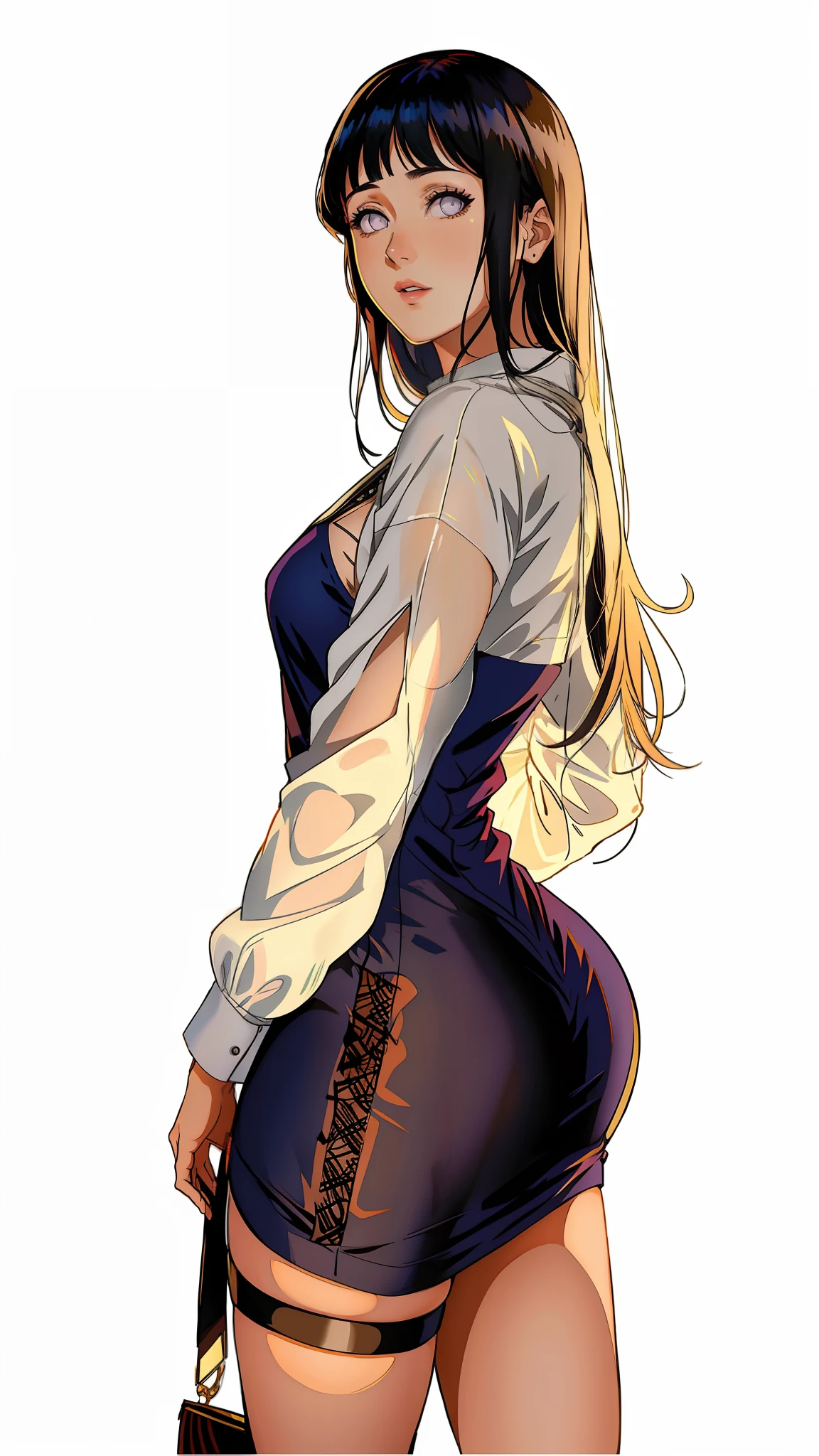 Hinata Hyuga em um vestido preto posando em uma varanda, vestido justo, vestido sexy, vestido skintight, usando um vestido preto apertado, roupa apertada, traje apertado, vestido rendado, 21 anos, minivestido curto, young female, bunda grande, pernas grossas