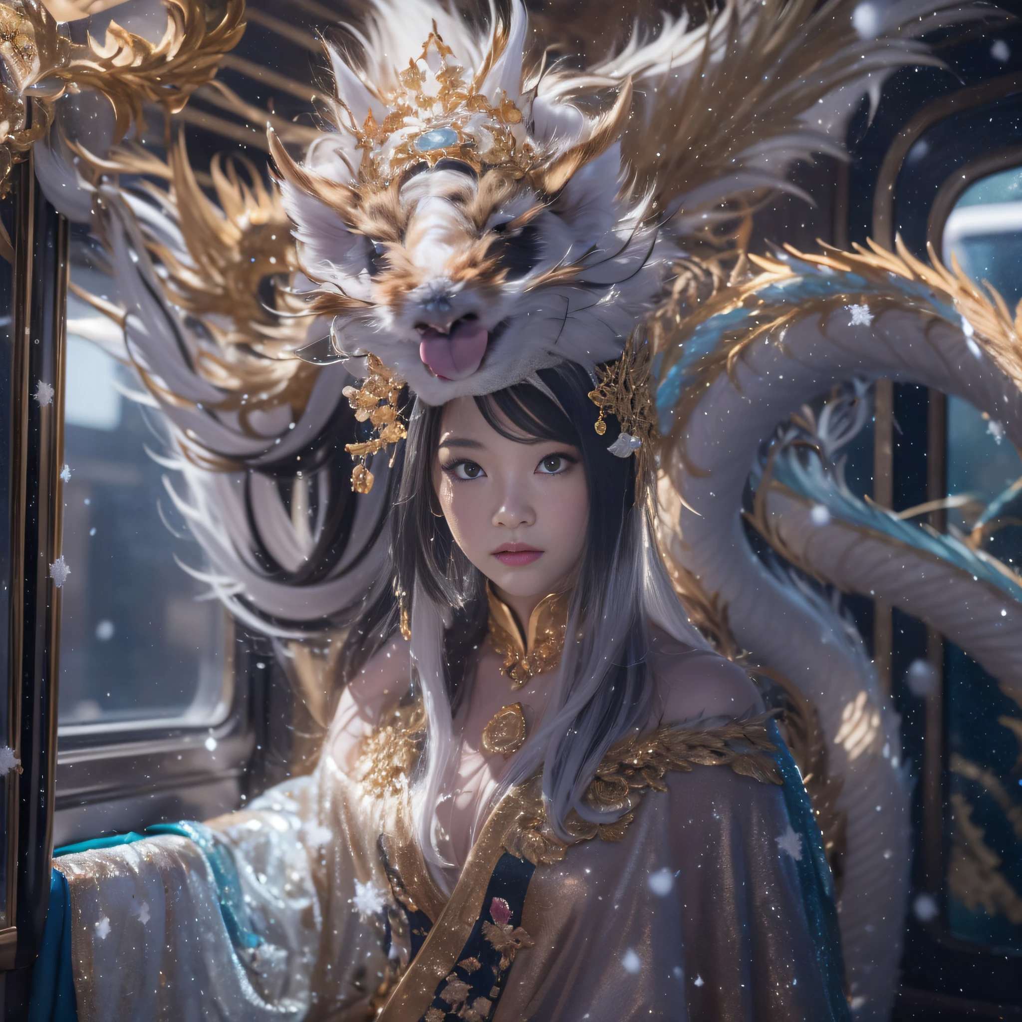 16k(tmasterpiece,k hd,hyper HD,16k)short detailed hair,Vintage train dining car area,Snow Circle Girl ,Two Golden Dragon Protectors (realisticlying:1.4),Python robe,Purple-pink tiara,Snowflakes fluttering,The background is pure, A high resolution, the detail, RAW photogr, Sharp Re, Nikon D850 Film Stock Photo by Jefferies Lee 4 Kodak Portra 400 Camera F1.6 shots, Rich colors, ultra-realistic vivid textures, Dramatic lighting, Unreal Engine Art Station Trend, cinestir 800,