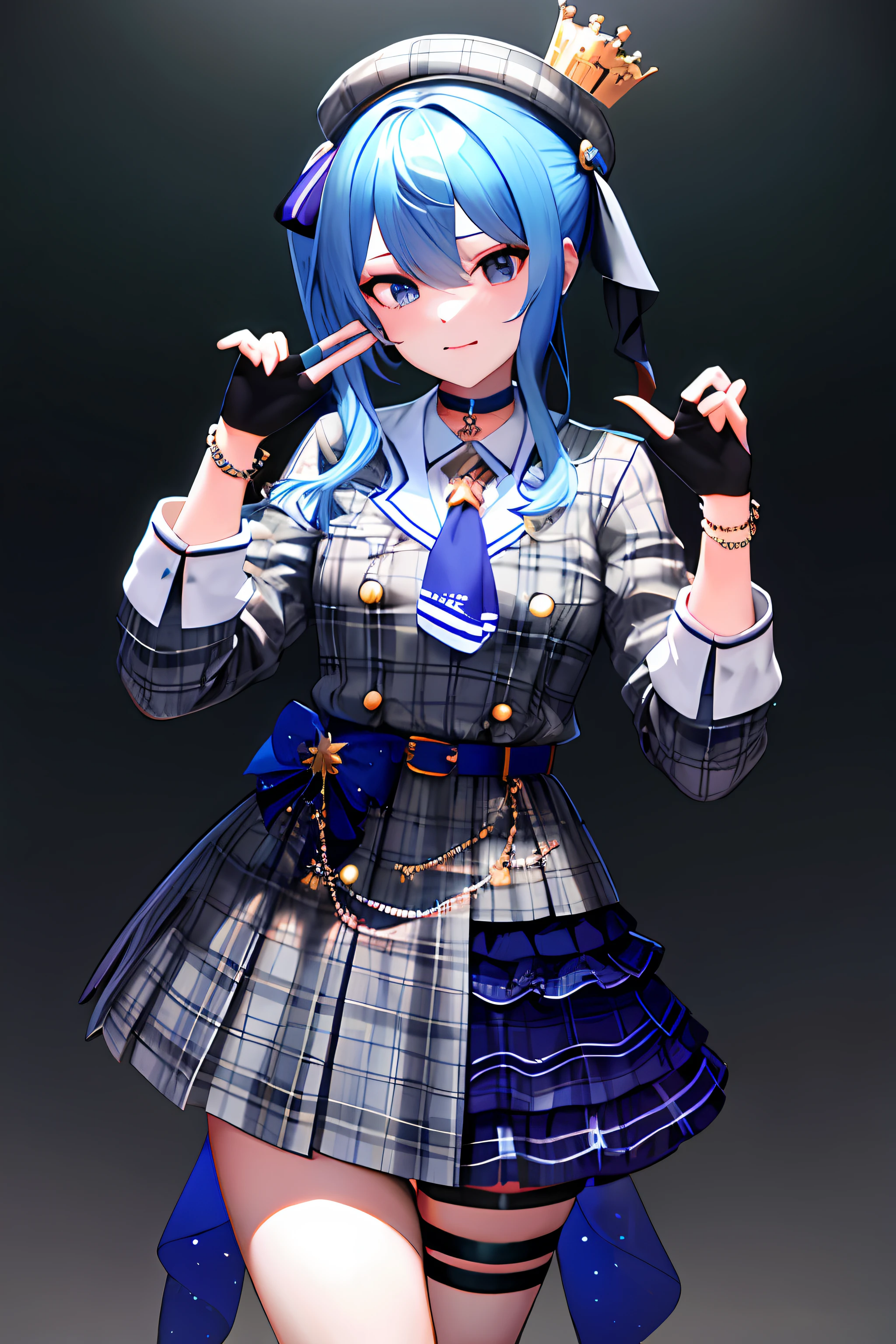 masterpiece, best quality, highres, sui1, 1girl, solo, side ponytail, hoshimachi suisei, fingerless gloves, single thighhigh, jewelry, single sock, thigh strap, bracelet, blue socks, buttons, single kneehigh, plaid dress, blue choker, blue belt, plaid skirt, mini crown, grey skirt, blue ascot, long sleeves, plaid jacket, cowboy shot,