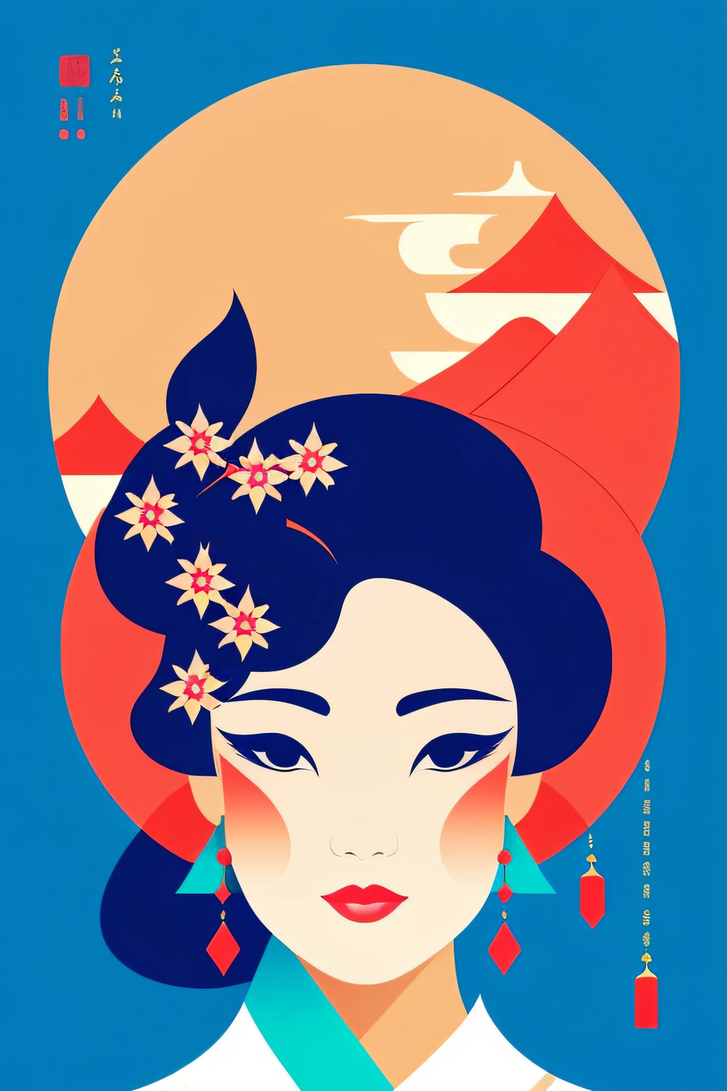 Oriental female turning head pose，Geometric representation，Beautiful，Background minimalist illustration style oriental classical landscape，Peking Opera elements