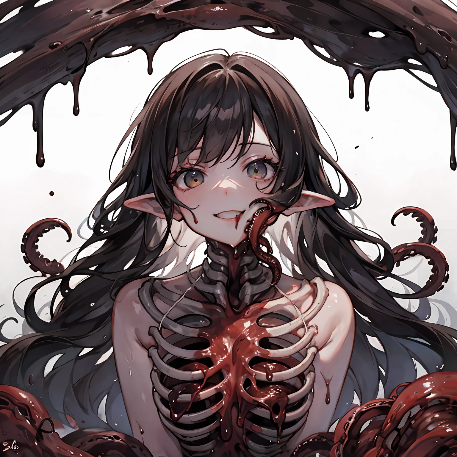 wetlands,girl in mud,reaching_towards_viewer,close-up,pov,smile,body horror,tentacles,(skeleton0.5),ChocolateWetStyle