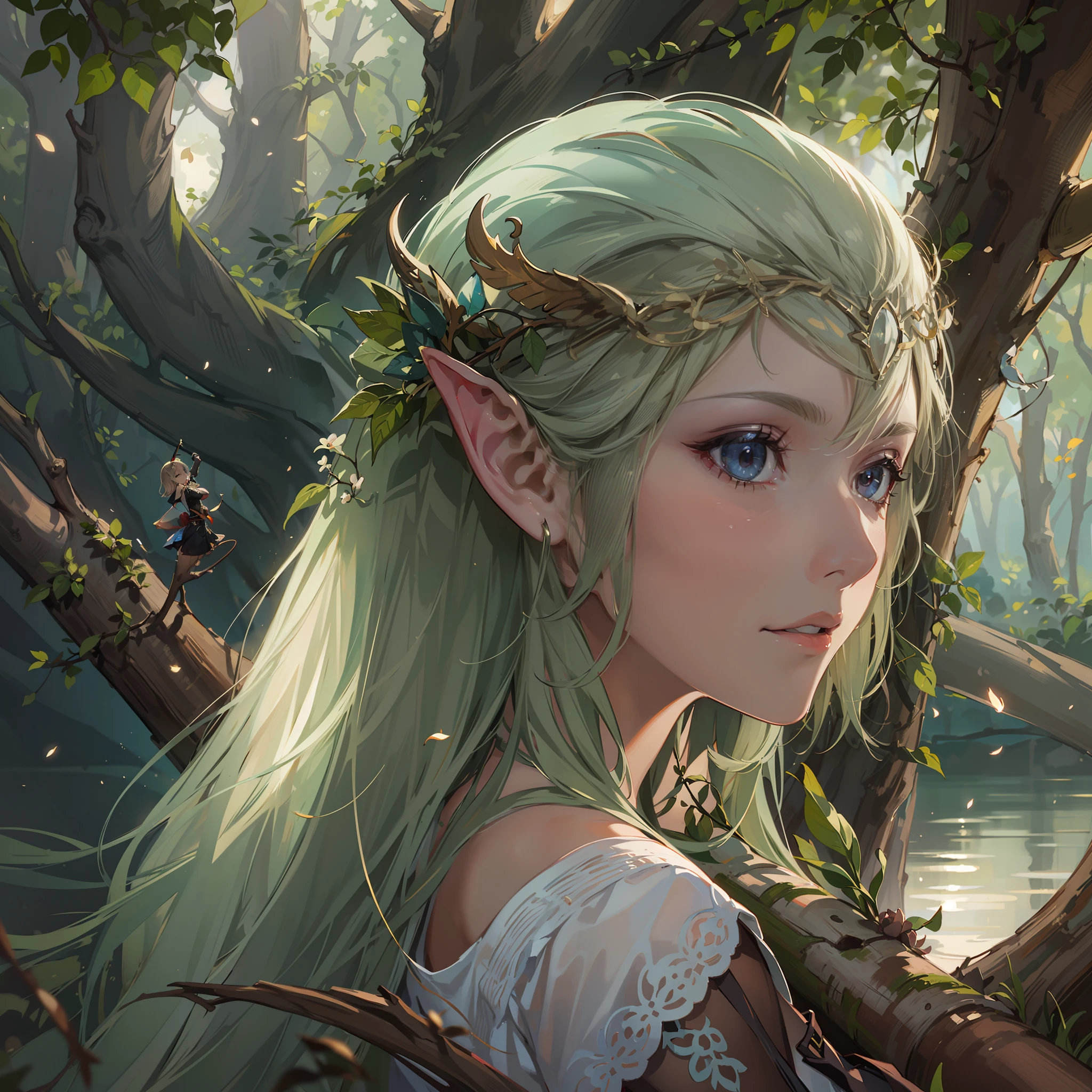 fallen wood,Elf with a bow:1.5,hunter,One Unicorn, One Girl and One Fairy:1.1,Undulating lakes,deep-forest,Blowing in the wind,Has depth,(4K), (Raw photo: 1.2), (Realism: 1.4), (masutepiece: 1.3), (exquisite detailing: 1.2), Delicate and beautiful details, (Eye Detail), (Facial Detailed), (Highest Quality) :1.4), (Hyper-Resolution: 1.2),(very detailed illustration), Best Quality, depth of fields, Wide light, natural shadows