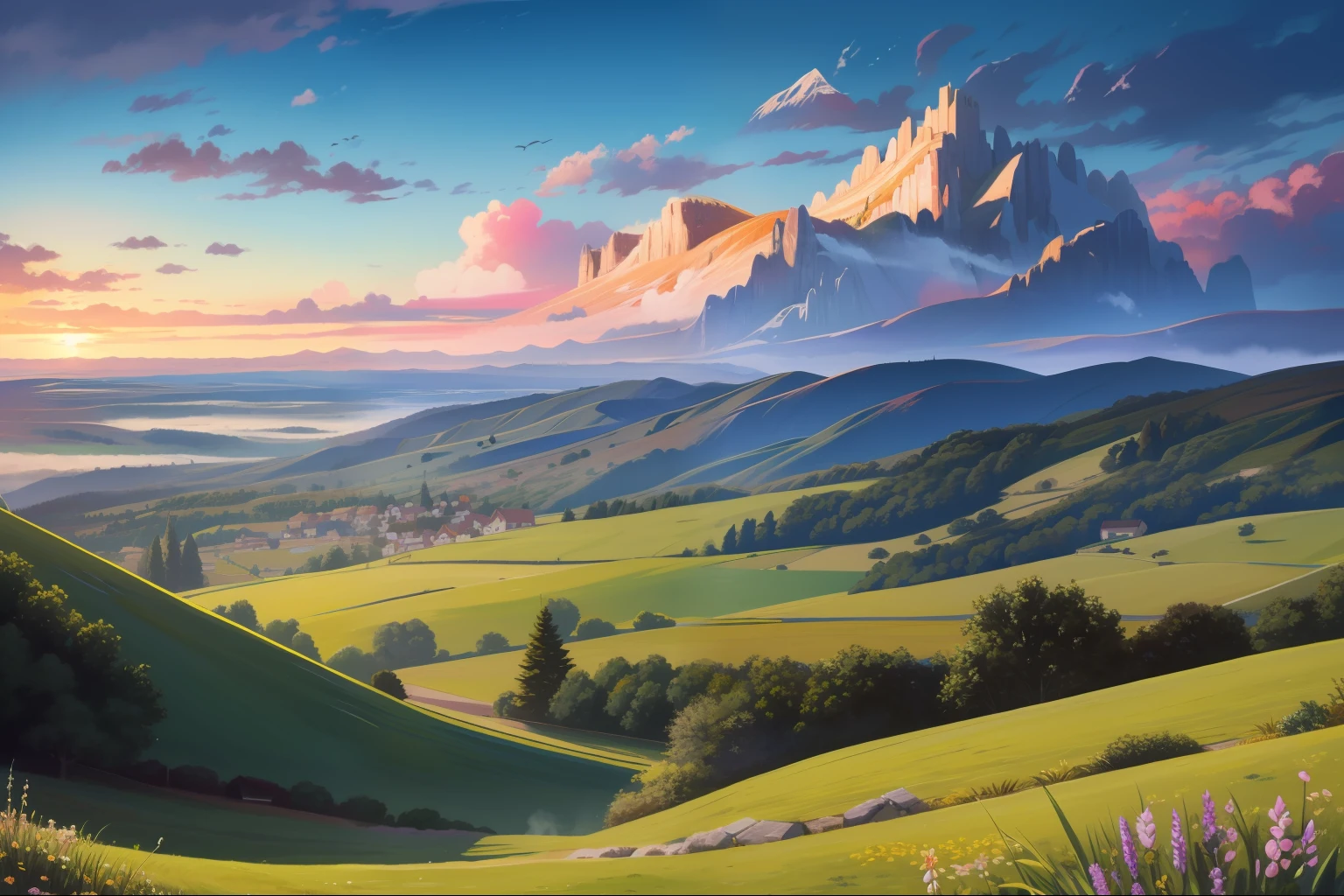 best quality, high resolution, distinct image, oil painting (medium), highly detailed, dmt,
countryside, rolling hills, lazy village, chimney smoke, Mountains in distance, cloudy sky, detailed sky. blue ocean