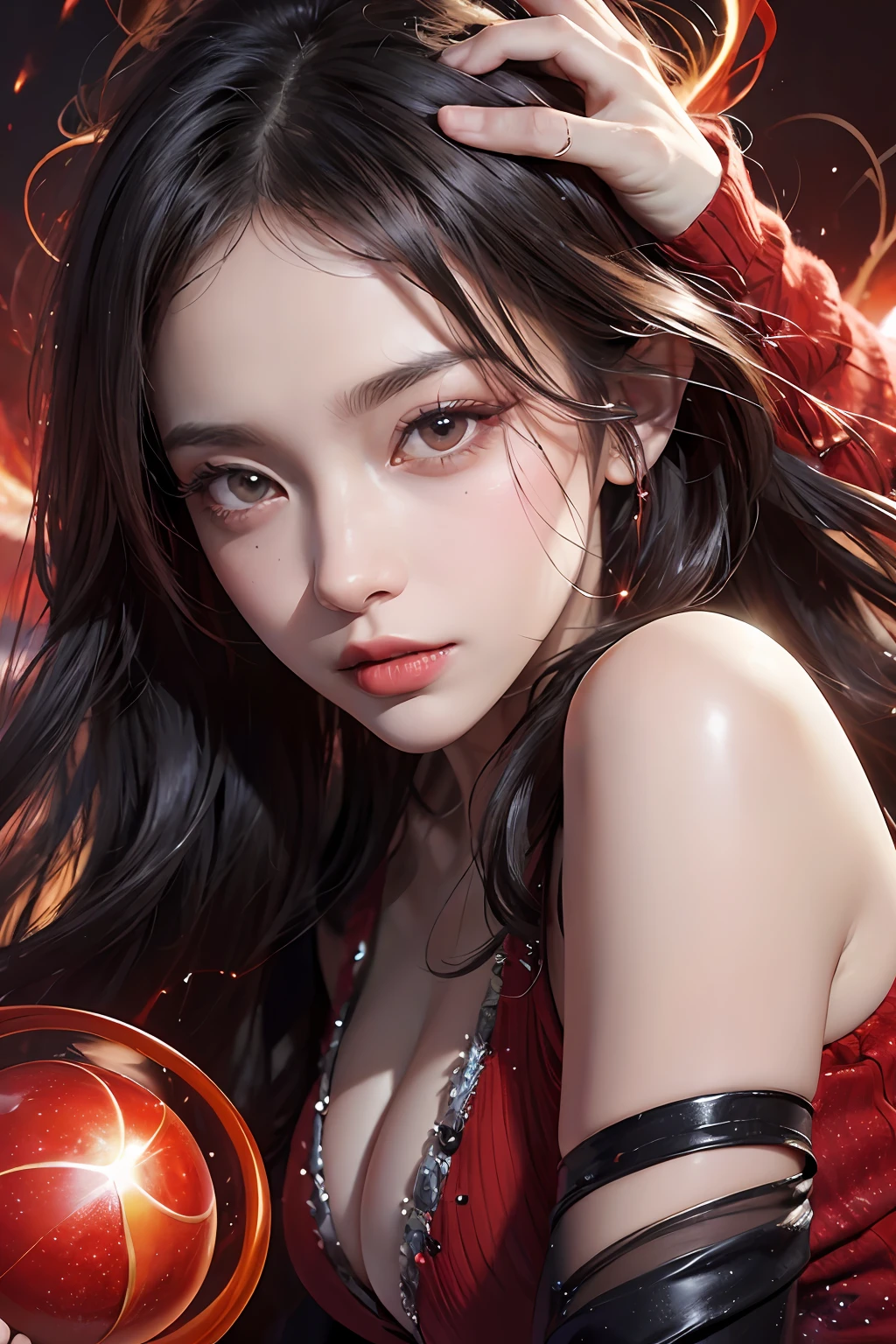 Beautiful Valkyrie,(best qualtiy,hyper HD, Masterpiece, 16k),Goose egg face,largeeyes,long eyelasher,There are precious stones on the forehead,Exquisite(live-action realistic style),Star-like eyes,Ultimate face,Photorealistic light and shadow,Clear facial features,Milky white skin,Fair skin, highdetailskin,Realistic skin details,Visible Pore,(Super detail),Petite body,Carmelto, full bodyesbian,She wears long loose black hair and reaches her waist,(hair flowing),Wear a transparent silk cardigan dress,(Super detail),Beautifully decorated,((dynamicposes),sat on the ground,Legs slightly open),Be red in the face,((Dynamic background((Red lightning)),Fantasy space,Luxurious space,NSFW:1.07