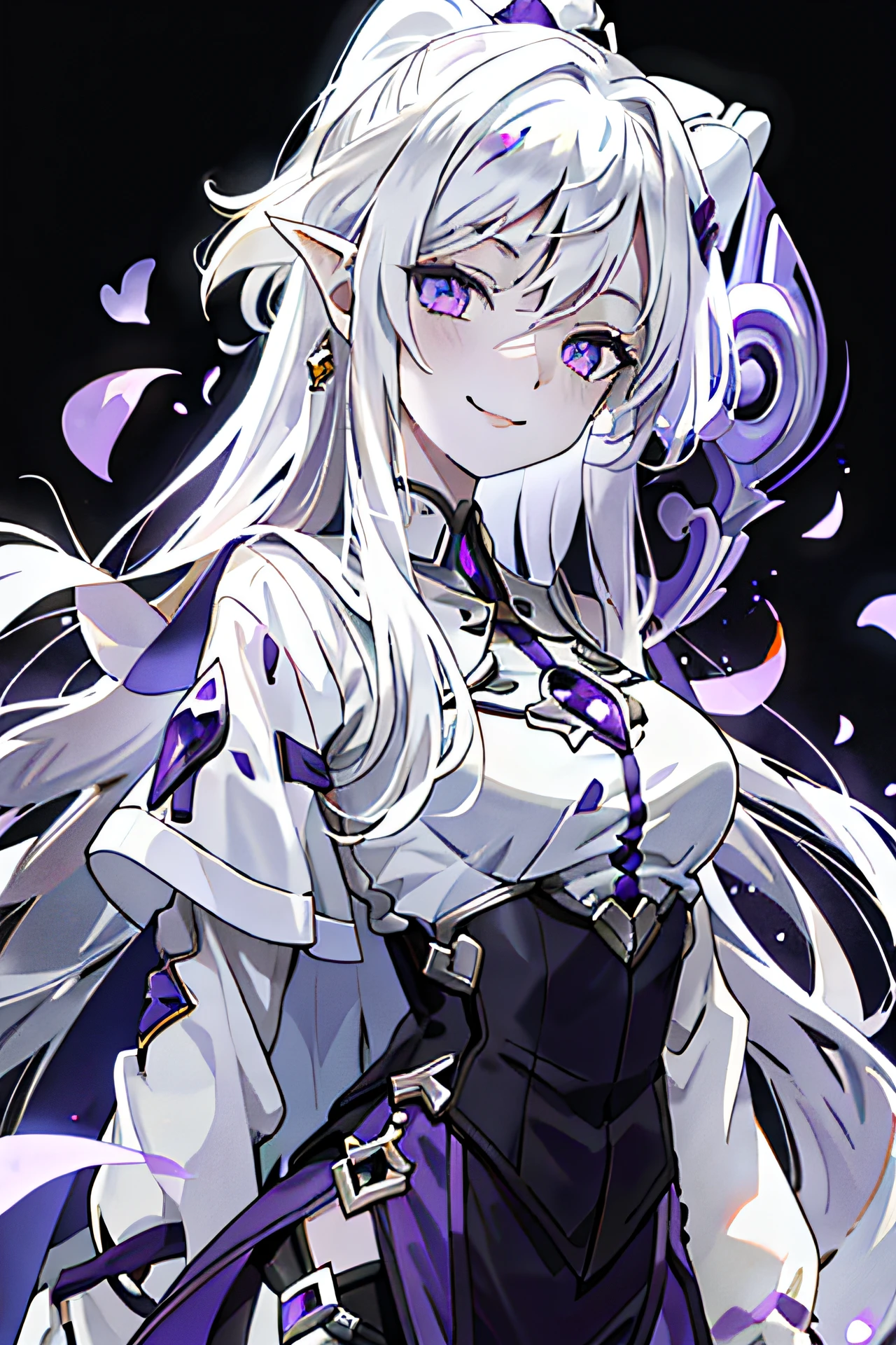 necromante,elfo, pele cinzenta, menina nova, baixinha, young girl, anime, white hair, silver hair, long hair, smile, sadistic purple clothes, wizard purple eyes, white skin