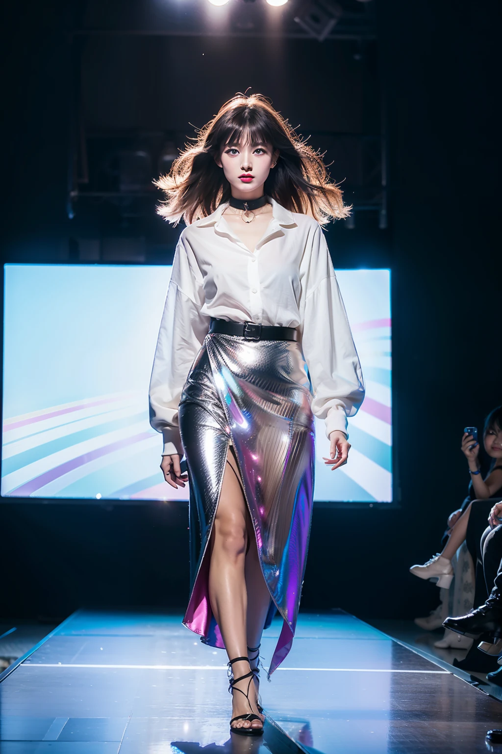 （8K分辨率，Panoramic photos from above，photorealestic，Wallpapers），（1 female，18yr old，（digital model：Nanako Matsushima ：1.8），（Thin bone face，s delicate face），com rosto detalhado，（Delicate Japanese makeup），Beautiful face，hyperdetailed face，详细的脸，Black colored eyes，（Look into the distance），Long hair micro-curls，（Color gradient，Windswept hair，Messy has layers），Redlip，Fair smooth skin，（Best Skin Type：1.21），mediuml breasts，（Undershirt，long  skirt，Manteau，College skirt，choker necklace，high-heels），perfect hand，Perfect posture，Dynamic Angle，Dynamic pose，Floating feeling，Ultra-fine makeup，Ultra-fine clothing material），（Stage performances，Exquisite stage details，（bird's eyes view，Vista view of the catwalk，Outdoor catwalk，Tokyo fashion show，Kansai Hanakui Contest，neonlight，The audience in the audience，Model on the catwalk）），（ardent，excited，ssmile），（Various stage lights，动态照明），（The color is bright，Bells and whistles，Reserved，ellegance（white colors，black in color，in pink，purpleish color，blue colors）），（Wide angle lens，Golden section，Cinema lenses，Hasselblad photograp，tmasterpiece：1.3），（Pure and cute，dream magical，Little woman，trendsetting，Street style，Artis，Art platform）