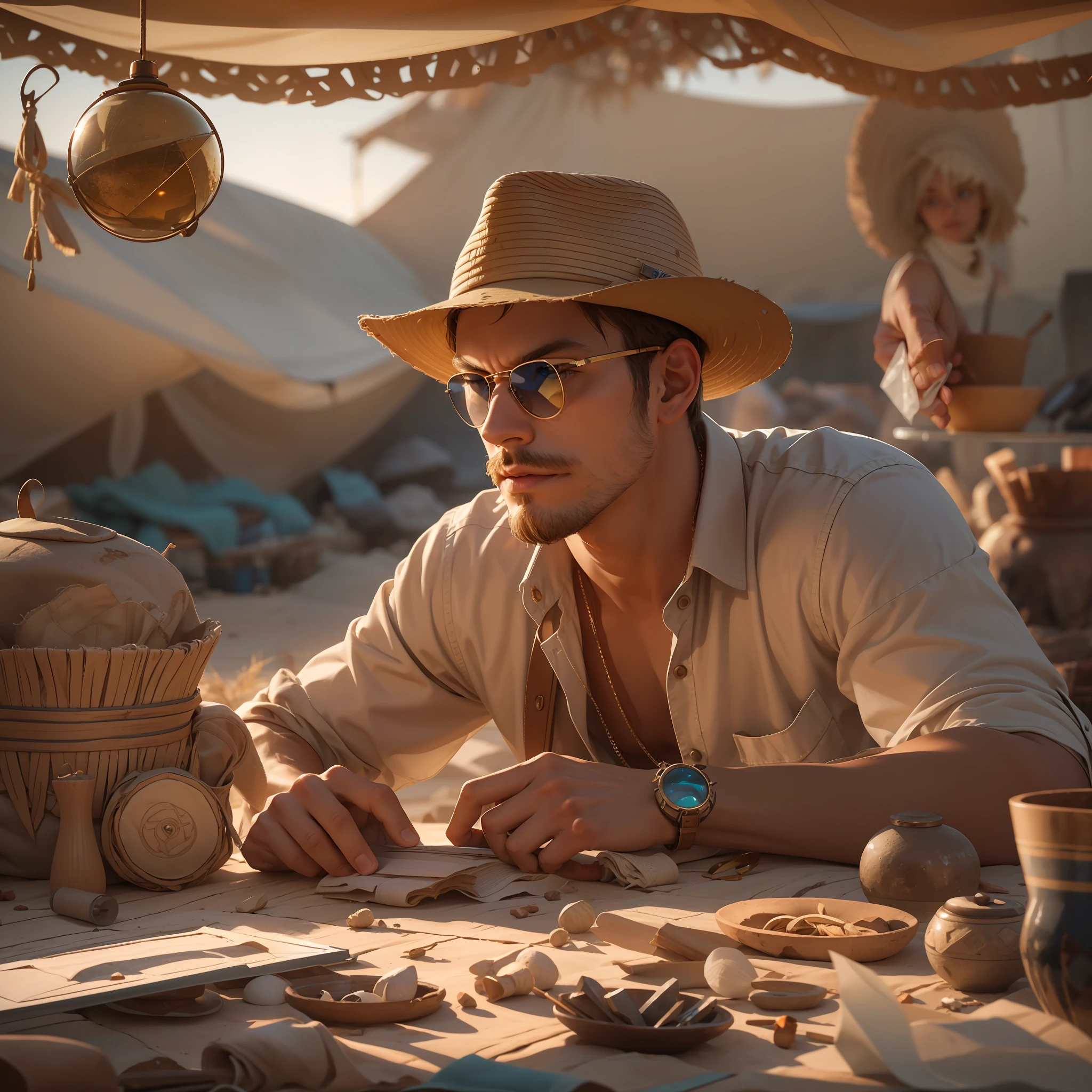 Filtered light, under tent canopy, in desert, at sunset, a muscular 25-year old male, blue eyes, short blonde wavy hair, pale skin, wearing tan cargo pocket pants, white shirt, brown vest, Panama hat, leather jewelry, sits at a battered wood, cluttered table examining at ancient broken pottery, archeological dig environment, 8k, Unreal engine, highly detailed, octane render, photorealistic, sunglasses in shirt pocket, dim light, depth of field, bokeh, bloom, ray tracing