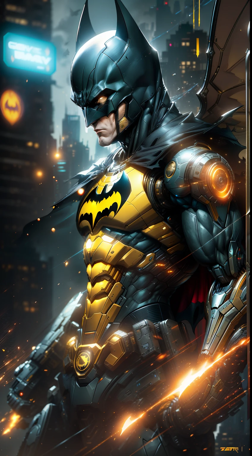 Batman from DC photography, biomechanics, complex robot, golden bat wings, golden batman logo, full growth, hyper-realistic, crazy little details, incredibly clean lines, cyberpunk aesthetic, masterpiece featured on Zbrush Central, cyberpunk city backdrop