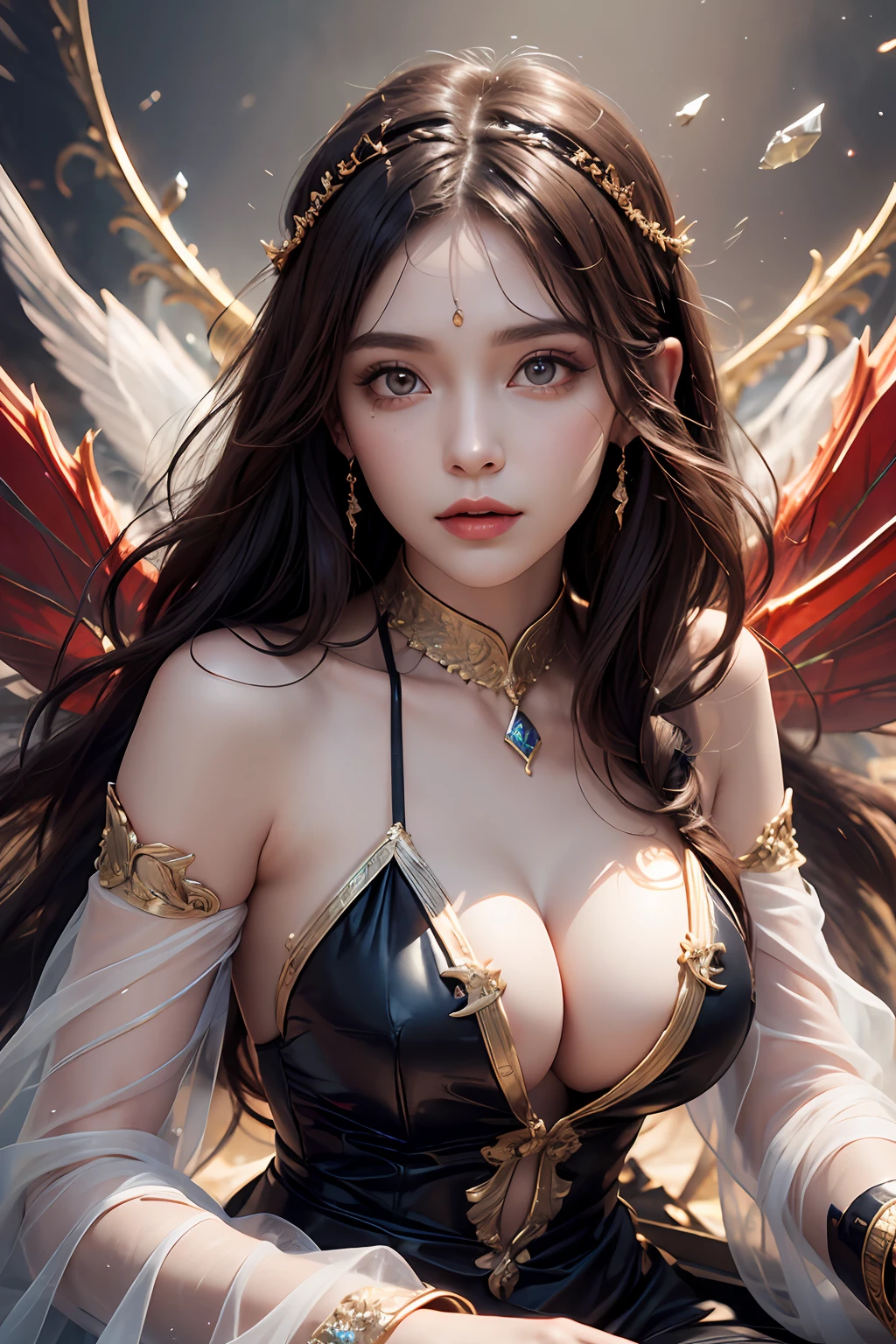Beautiful Valkyrie,(best qualtiy,hyper HD, Masterpiece, 16k),Goose egg face,largeeyes,long eyelasher,There are precious stones on the forehead,Exquisite(live-action realistic style),Star-like eyes,Ultimate face,Photorealistic light and shadow,Clear features,Milky white skin,Fair skin, highdetailskin,Realistic skin details,Visible Pore,(Super detail),Petite body,Carmelto, full bodyesbian,She wears long loose black hair and reaches her waist,(hair flowing), Smoothness,Huge wings,Crystal wings,(Super detail),Wear a transparent silk cardigan dress,Beautifully decorated,((dynamicposes),Lie down,Legs slightly open),Be red in the face,((Dynamic background((Red lightning)),Fantasy space,Luxurious space,NSFW:1