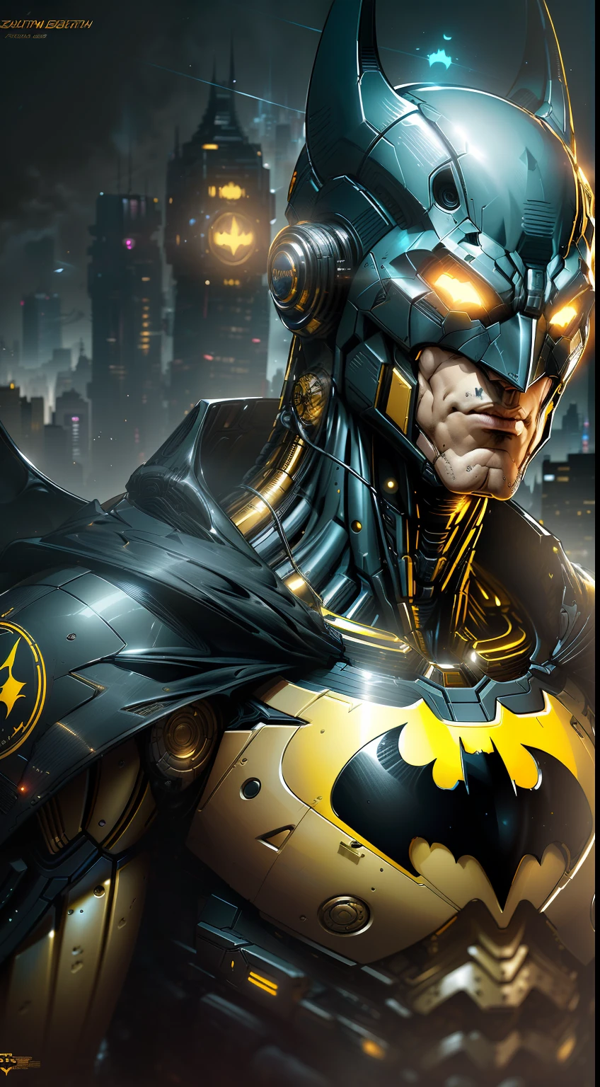 Batman from DC photography, biomechanics, complex robot, golden bat wings, golden batman logo, full growth, hyper-realistic, crazy little details, incredibly clean lines, cyberpunk aesthetic, masterpiece featured on Zbrush Central, cyberpunk city backdrop