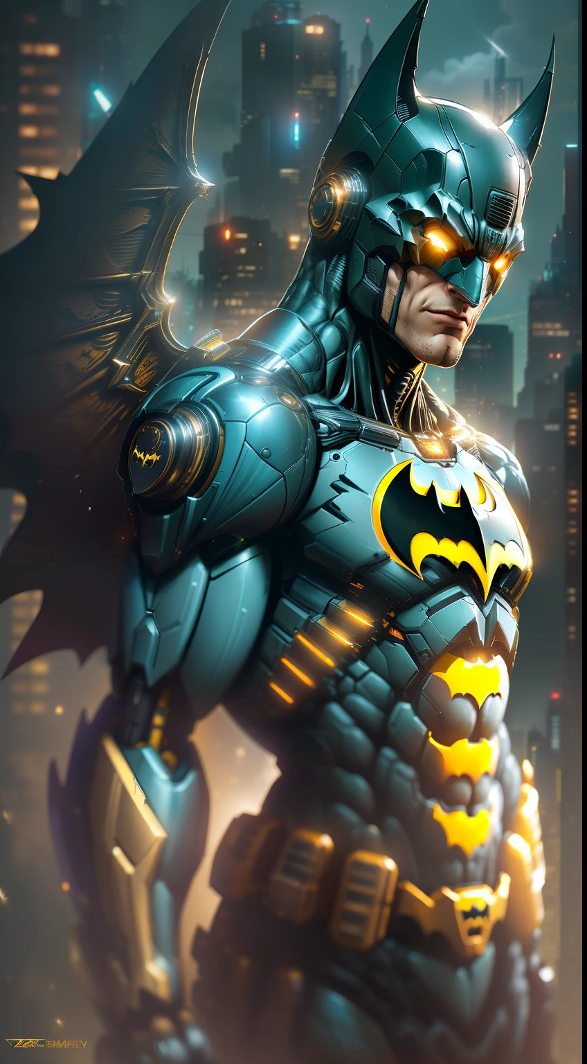 Batman from DC photography, biomechanics, complex robot, golden bat wings, golden batman logo, full growth, hyper-realistic, crazy little details, incredibly clean lines, cyberpunk aesthetic, masterpiece featured on Zbrush Central, cyberpunk city backdrop