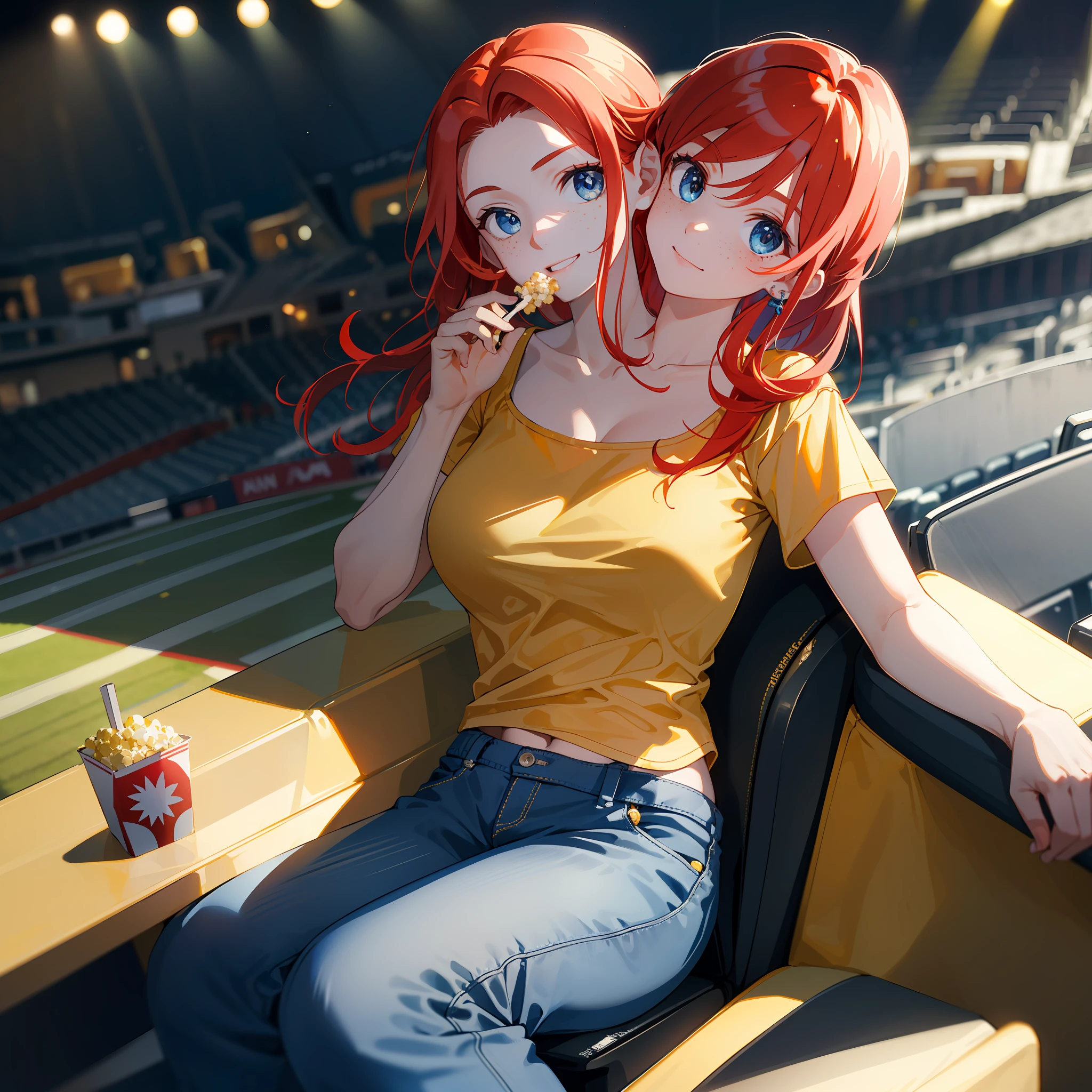 (masterpiece, best quality), best resolution, (2heads:1.5), 1girl, sitting in a stadium seat, eating popcorn, red hair, blue eyes, freckles, yellow t-shirt, blue long pants, happy, crowded stadium