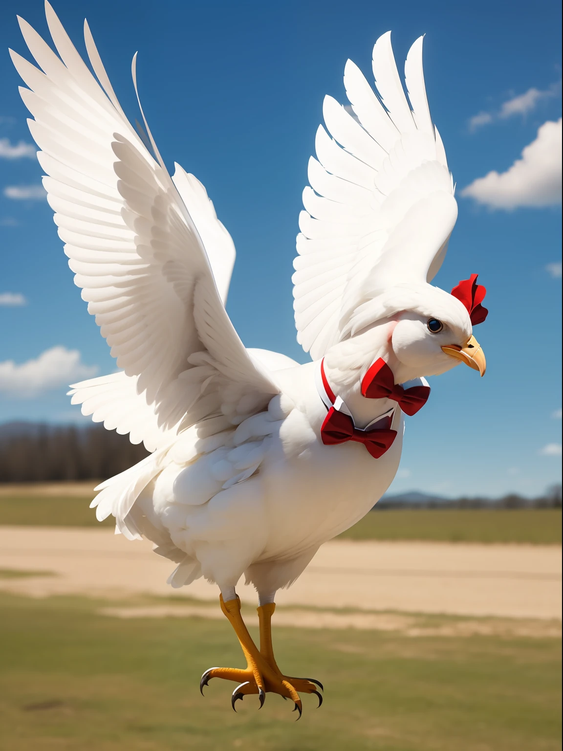A white chicken with a bow tie flapping its wings
