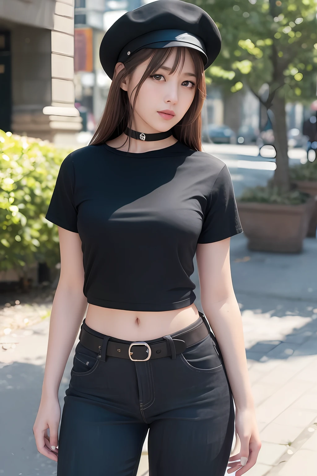 apinkhayoung, urban, streets, (day:1.1), RAW,(8k, best quality, masterpiece:1.2),(intricate details:1.4),(photorealistic:1.4),octane render, complex 3d render ultra detailed, studio soft light, rim light, vibrant details, ultra detailed, realistic skin texture, detailed face, beautiful detailed eyes, extremely detailed CG unity 8k wallpaper, makeup, (detailed background:1.2), (cowboy shot:1.2),(perfect anatomy:1.2),(wide hip:1.1),(black t-shirt, pants, choker, beret:1.2),