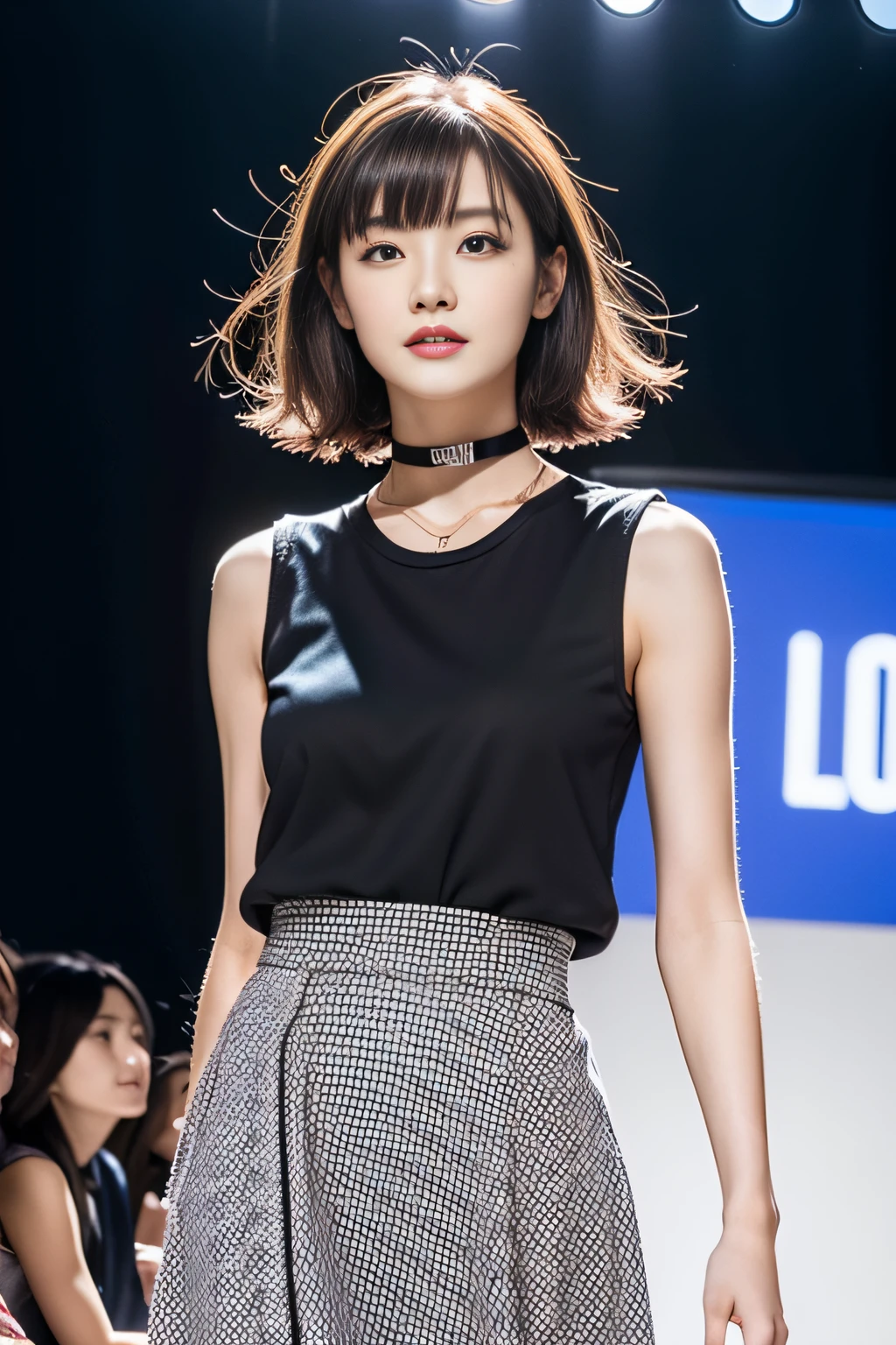 (8K分辨率,Panoramic photos from above,photorealestic,Wallpapers),(1 female,18yr old,(digital model:Nanako Matsushima :1.8),(Thin bone face,s delicate face),com rosto detalhado,(Delicate Japanese makeup),Beautiful face,hyperdetailed face,详细的脸,Black colored eyes,(Look into the distance),Long hair micro-curls,(Color gradient,Windswept hair,Messy has layers),Redlip,Fair smooth skin,(Best Skin Type:1.21),mediuml breasts,(Undershirt,long skirt,Manteau,College skirt,choker necklace,high-heels),perfect hand,Perfect posture,Dynamic Angle,Dynamic pose,Floating feeling,Ultra-fine makeup,Ultra-fine clothing material),(Stage performances,Exquisite stage details,(bird's eyes view,Vista view of the catwalk,Outdoor catwalk,Tokyo fashion show,Kansai Hanakui Contest,neonlight,The audience in the audience,Model on the catwalk)),(ardent,excited,ssmile),(Various stage lights,动态照明),(The color is bright,Bells and whistles,Reserved,ellegance(white colors,black in color,in pink,purpleish color,blue colors)),(Wide angle lens,Golden section,Cinema lenses,Hasselblad photograp,tmasterpiece:1.3),(Pure and cute,dream magical,Little woman,trendsetting,Street style,Artis,Art platform)
