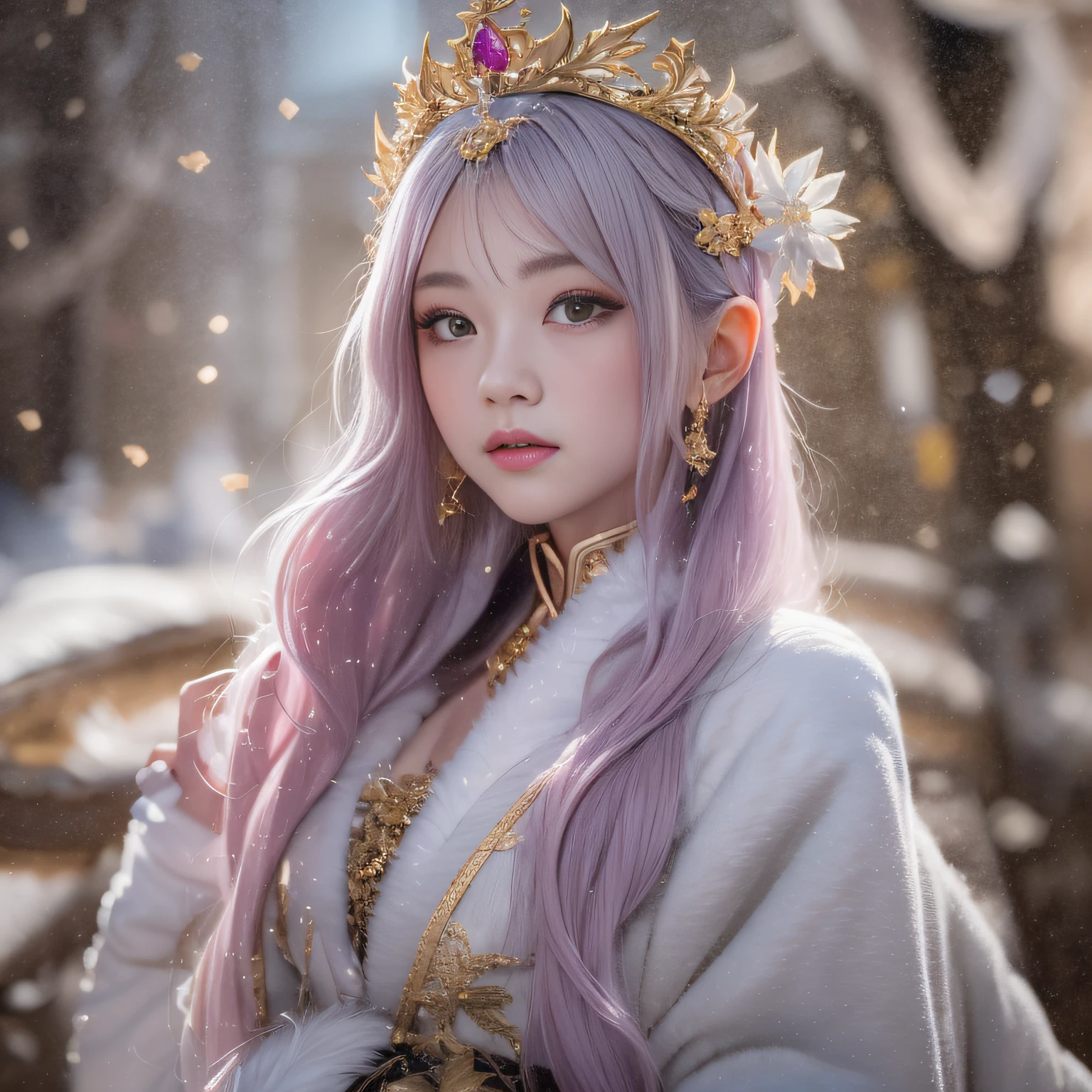 16k(tmasterpiece,k hd,hyper HD,16k)short detailed hair,Vintage train sleeper area,Snow Circle Girl ,Two Golden Dragon Protectors (realisticlying:1.4),Python robe,Purple-pink tiara,Snowflakes fluttering,The background is pure, A high resolution, the detail, RAW photogr, Sharp Re, Nikon D850 Film Stock Photo by Jefferies Lee 4 Kodak Portra 400 Camera F1.6 shots, Rich colors, ultra-realistic vivid textures, Dramatic lighting, Unreal Engine Art Station Trend, cinestir 800,