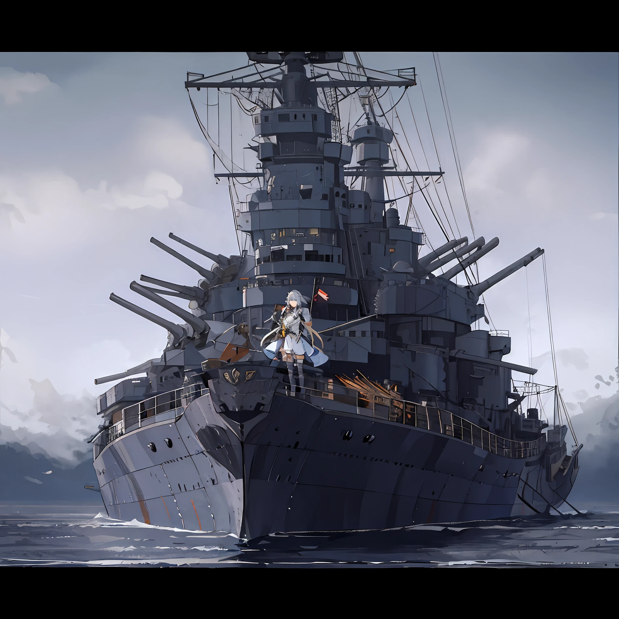 There was a large battleship in the water, konpeki no kantai, Kantai collection style, warship, kancolle, Guweiz on ArtStation Pixiv, Guweiz in Pixiv ArtStation, Guviz, Anime epic artwork, realistic warship design, girl with warship parts, Yamato, 《Ghost Wind Special Assault Team》The art of pixels