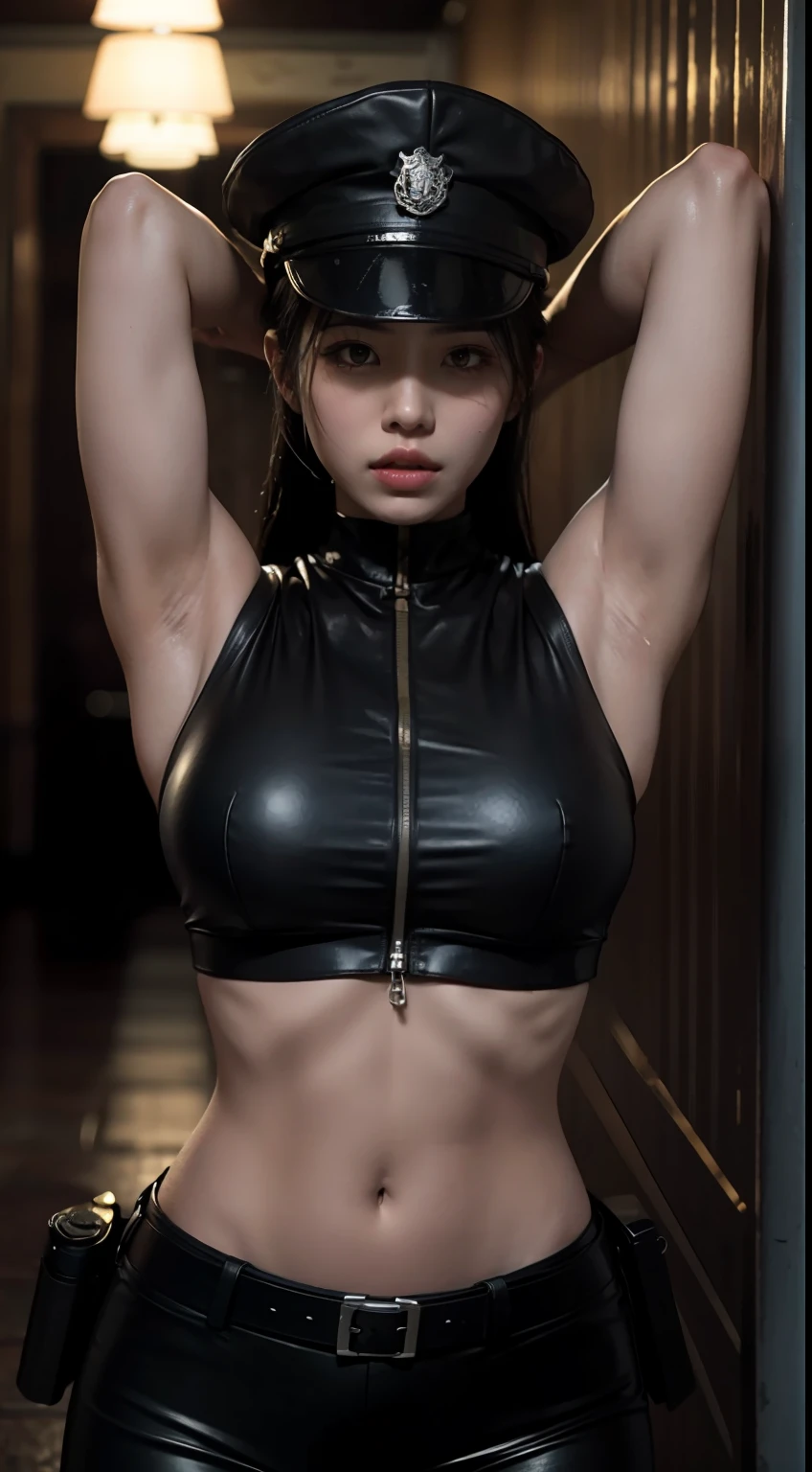 ((tmasterpiece, best qualtiy)), illustratio, Highly detailed 8K, realistic focus, Complicated details, a big breast chinese girl, Policewoman, Resident Evil background, Resident Evil series, resident evil style, Dark, Low light, darkly, Robust body, Sexy and robust, Detailed abs, Detailed muscle lines, Detailed , dynamicposes, Dirty body, Greasy body, sweating body, Wet floors, There are stains on the body, Stained walls, hand gun,holding gun:2.0, Chains, rusted, t-back, wear police cap, Highly detailed police equipment, Normal body proportions, Normal face, Normal hands, frontage, fully body photo, tall image, Look from the bottom up, look from down, looki at viewer