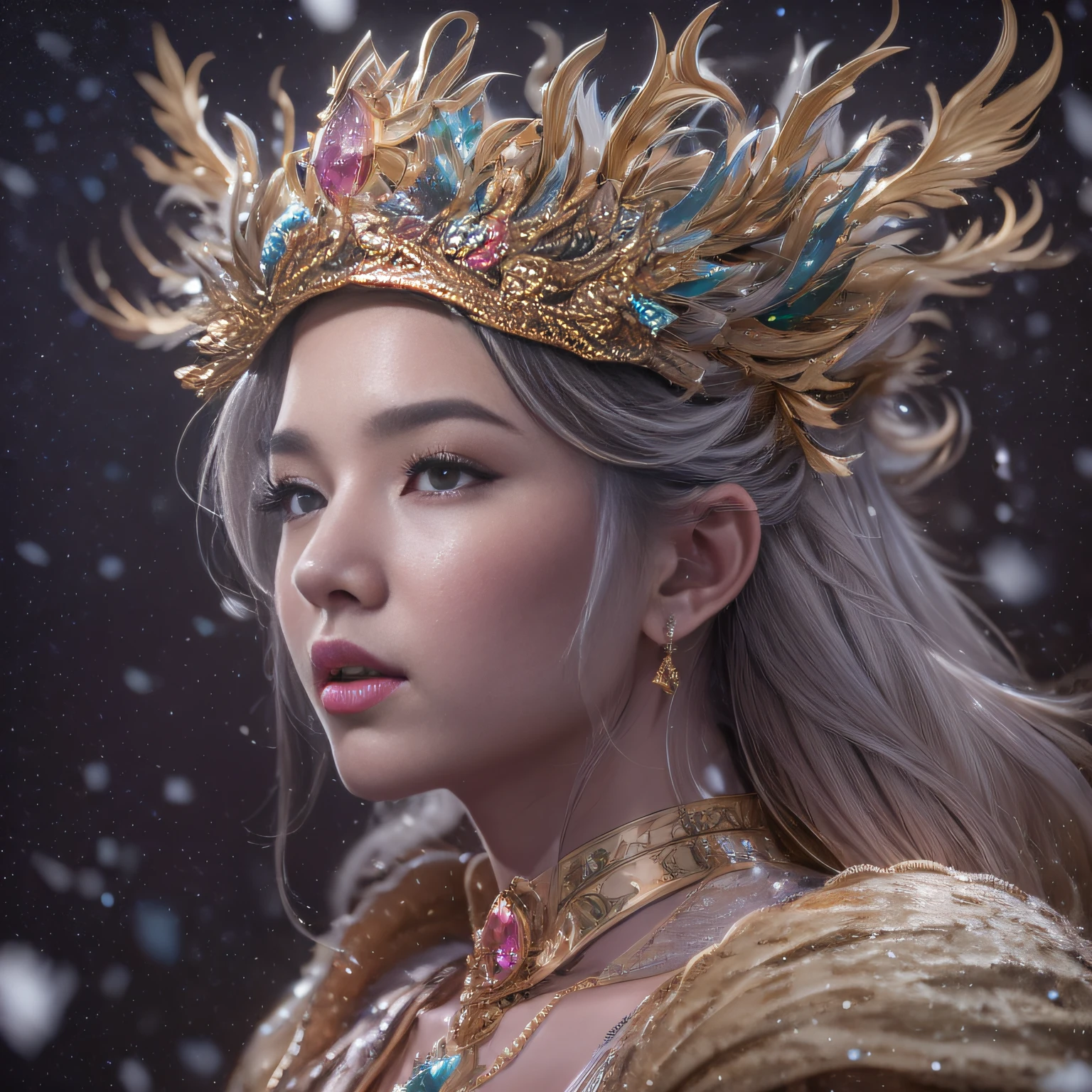 16k（tmasterpiece，k hd，hyper HD，16k）short detailed hair，Vintage train sleeper area，Snow Circle Girl ，Two Golden Dragon Protectors （realisticlying：1.4），Python robe，Purple-pink tiara，Snowflakes fluttering，The background is pure， A high resolution， the detail， RAW photogr， Sharp Re， Nikon D850 Film Stock Photo by Jefferies Lee 4 Kodak Portra 400 Camera F1.6 shots, Rich colors, ultra-realistic vivid textures, Dramatic lighting, Unreal Engine Art Station Trend, cinestir 800，