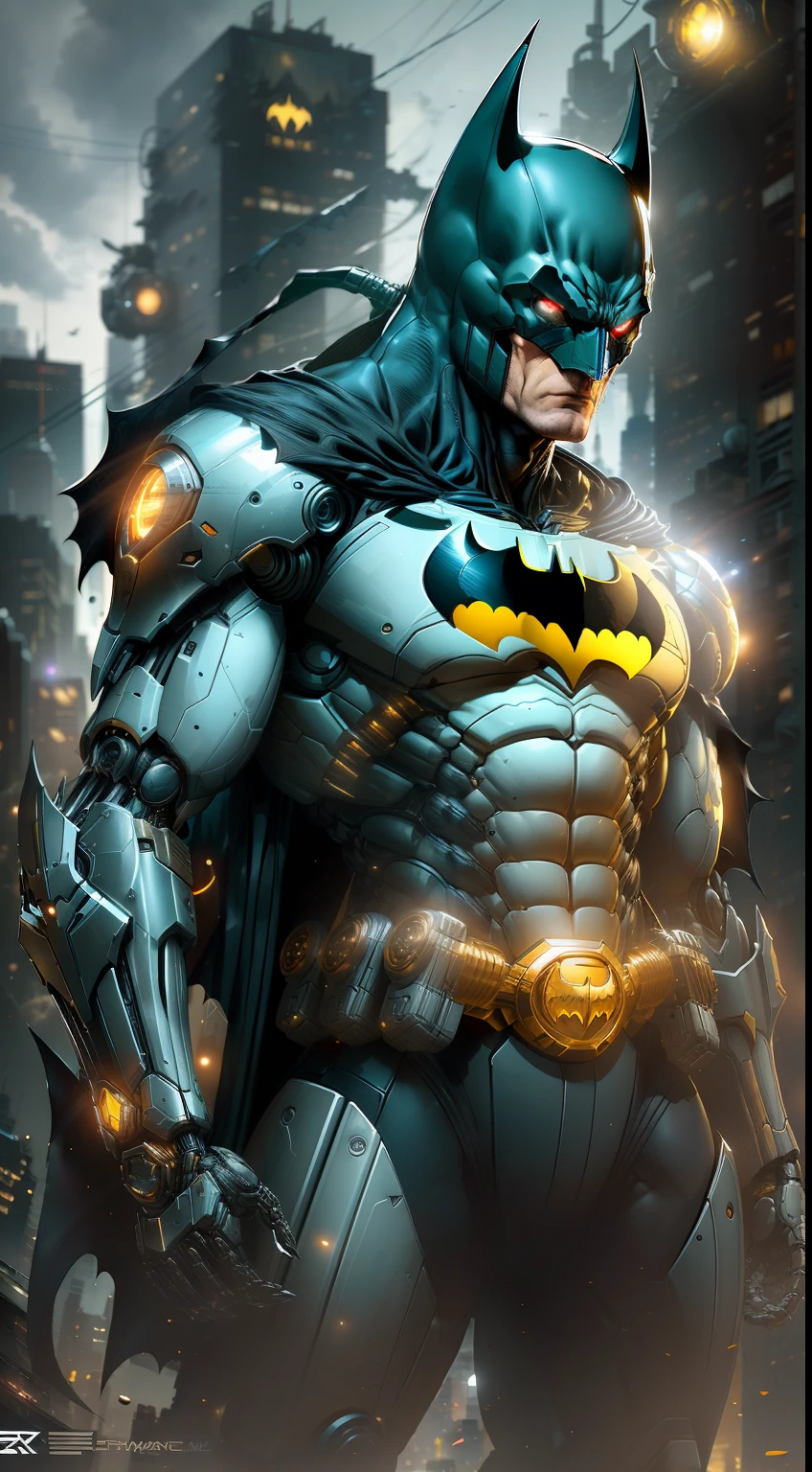 Batman from DC photography, biomechanics, complex robot, golden batman logo, full growth, hyper-realistic, crazy little details, incredibly clean lines, cyberpunk aesthetic, masterpiece featured on Zbrush Central, cyberpunk city backdrop