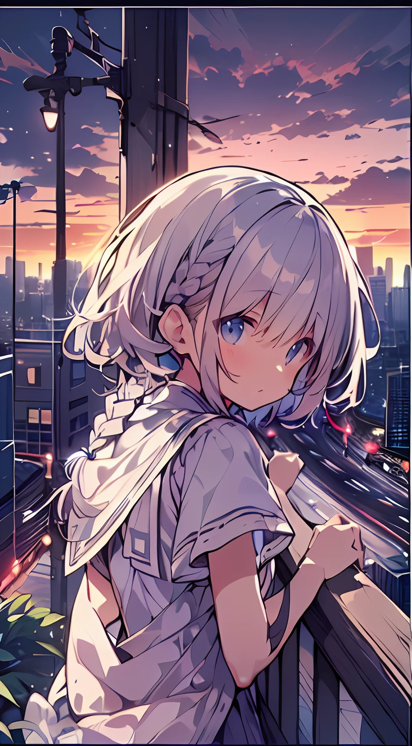 masutepiece, Best Quality,Illustration, Wallpaper, Ultra Detail, absurderes, 1loli, Solo, (Medium short hair、short braided hair), Beautiful detailed eyes , (Street), luminous sky,(a panoramic view:1.3),(Sense of depth:1.5)