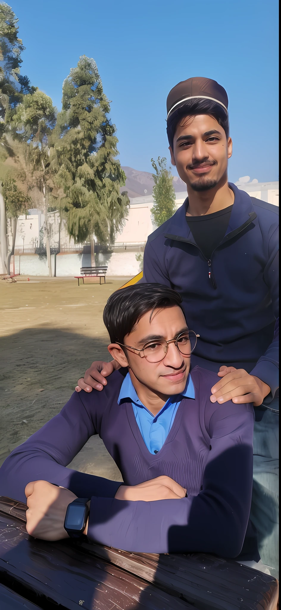 there are two men sitting at a table together in the park, very very low quality picture, taken with sony alpha 9, ghutra and egal, portrait mode photo, very clear picture, taken with the best dlsr camera, photo taken with sony a7r camera, with mountains in the background, shot on nikon z9, with a park in the background