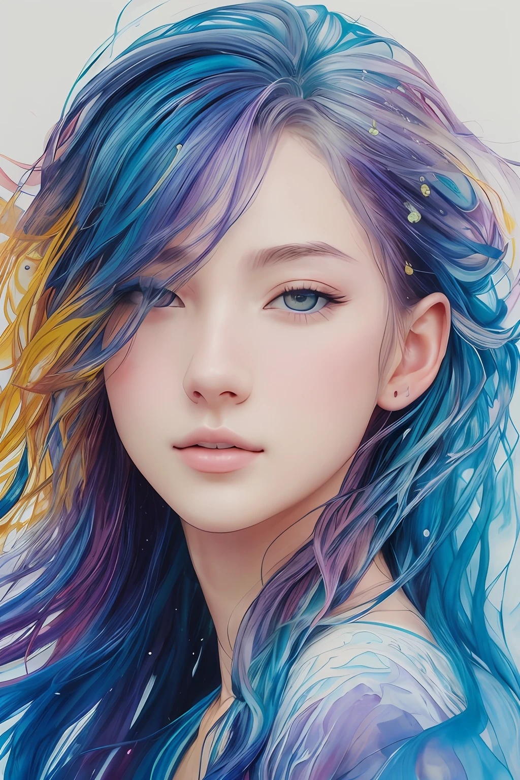 Colorful beautiful girl:Gil 18 years old、hair messy、an oil painting、soft skin perfect face、blue yellow colors、Add light purple and purple、Adding bright red、intricate-detail、Splash Screen、8K分辨率、masterpiece、cute face、ArtStation Digital Painting Smooth Very Black Ink Flow:An 8K resolution photorealistic masterpiece:Intricately detailed fluid gouache painting: by Jean-Baptiste Mongue: shodo: acrylic: watercolor paiting、professional photograpy、natural soft light、Volumetric lighting maximalist photo illustration: by Merton Bobzart:, Convoluted, elegent, immensity, Fantastical, hair wavy, with a vibrant