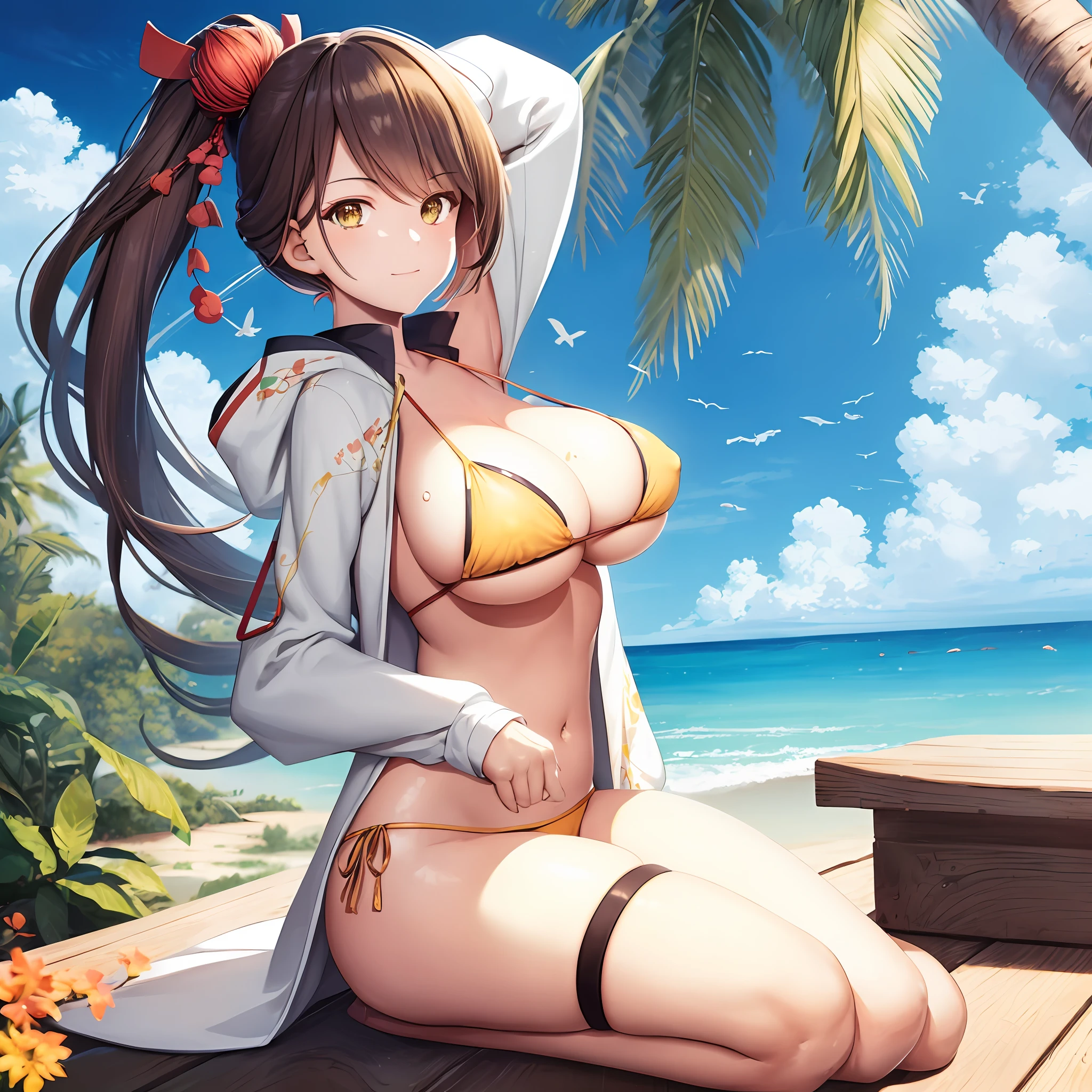 soothing tones, calm colors, (anime), (illustration), cartoon, detailed, detailed background, masterpiece, best quality, (1girl:1.1), outdoors, Zuikaku,side ponytail, brown hair,long hair, yellow eyes, hair ornament, joy bikini, big breast,