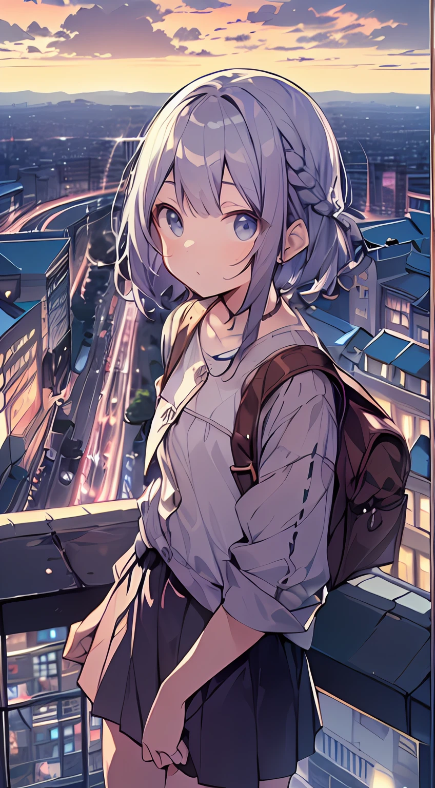 masutepiece, Best Quality,Illustration, Wallpaper, Ultra Detail, absurderes, 1loli, Solo, (Medium short hair、short braided hair), Beautiful detailed eyes , (Street), luminous sky,(a panoramic view:1.3),(Sense of depth:1.5)