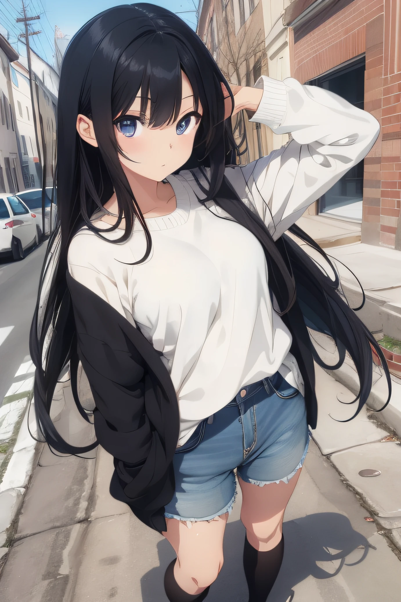 "(masterpiece), best quality, enchanting eyes, flawless visage, 1 anime girl, captivating flowing black hair, donning a pristine white sweater, full body shot, hands casually tucked in pockets, anime, meticulously detailed."