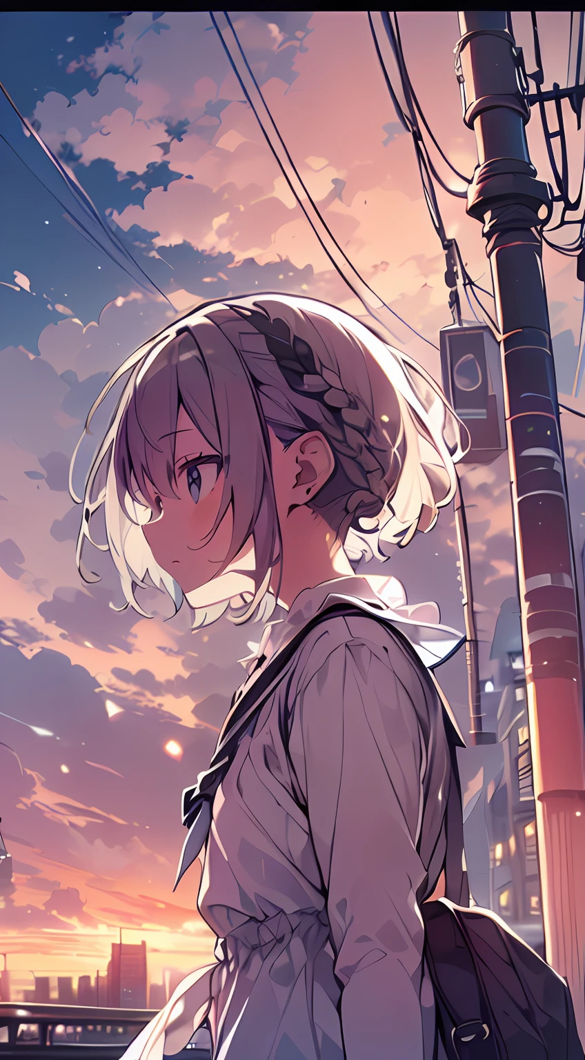 masutepiece, Best Quality,Illustration, Wallpaper, Ultra Detail, absurderes, 1loli, Solo, (Medium short hair、short braided hair), Beautiful detailed eyes , (Street), luminous sky,(a panoramic view:1.3),(Sense of depth:1.5)