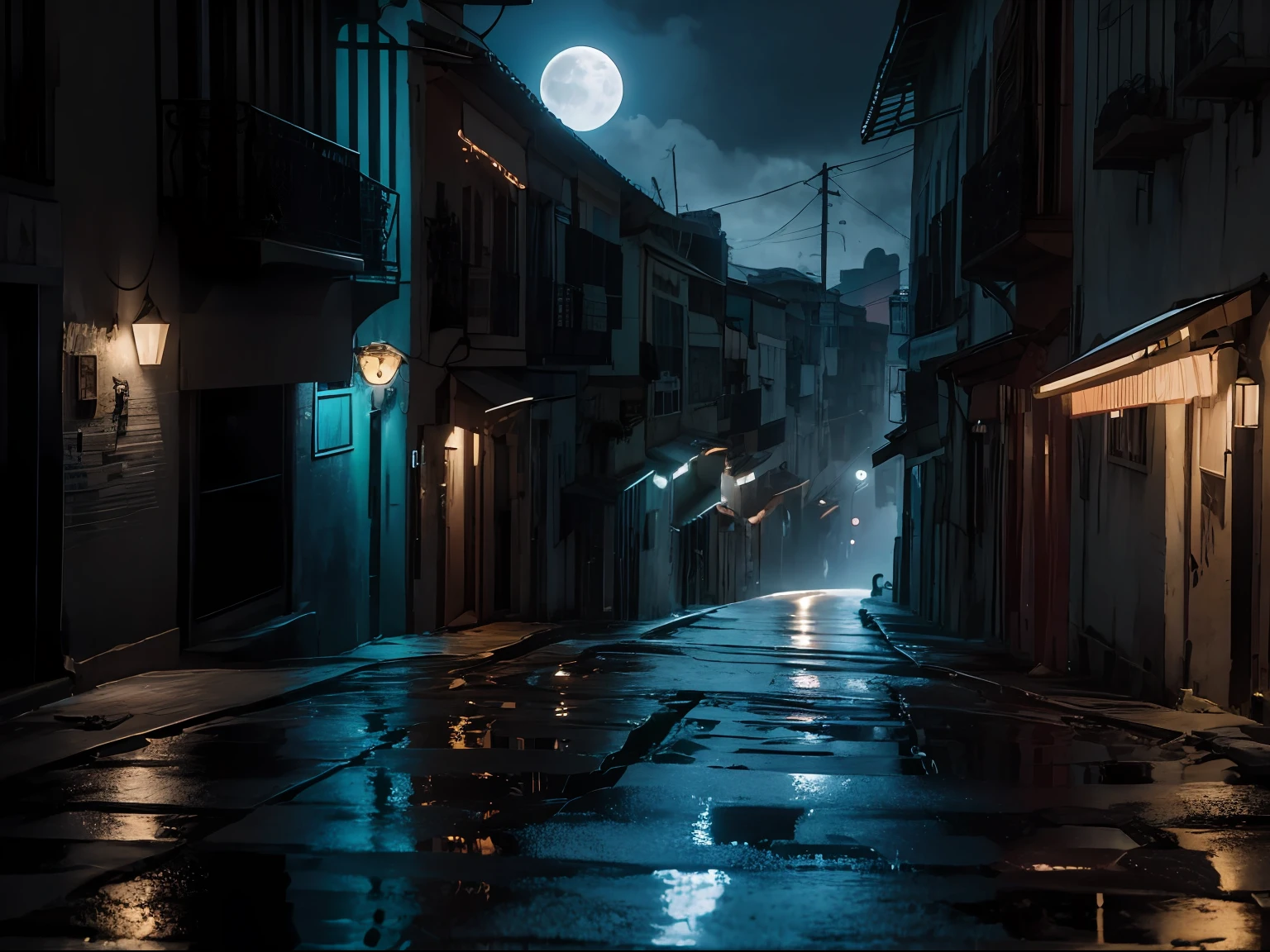 Em uma rua deserta e sombria de uma cidade futurista, Night falls over the scenery with a resplendent moon, emitindo sua aura maligna. The darkness is intense, Apenas quebrado pelos fracos feixes de luz da lua sinistra. The streets are empty and silent, with decrepit buildings and broken windows, testemunhas do caos que uma vez assolou o local. The air is dense and oppressive, carregado com uma energia sinistra que faz os pelos da nuca se arrepiarem. Distorted and menacing shadows dance on the walls, seeming to take on a life of its own. Nessa atmosfera aterrorizante, It is impossible to escape the feeling that chaos still dwells in the depths of this dark street and is just waiting for the right moment to emerge again.